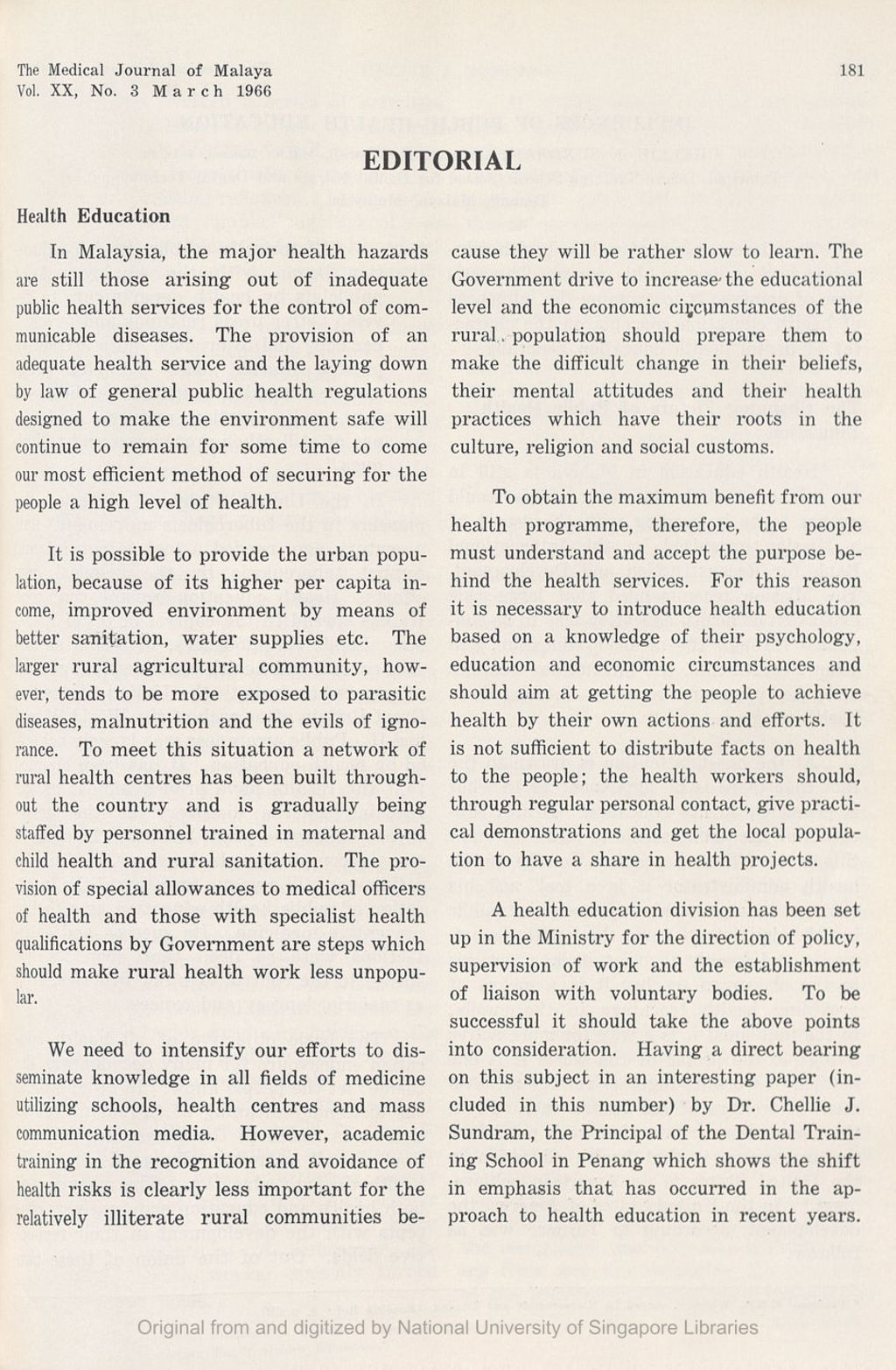 Miniature of Medical Journal of Malaya. Volume 20, Number 3. Editorial