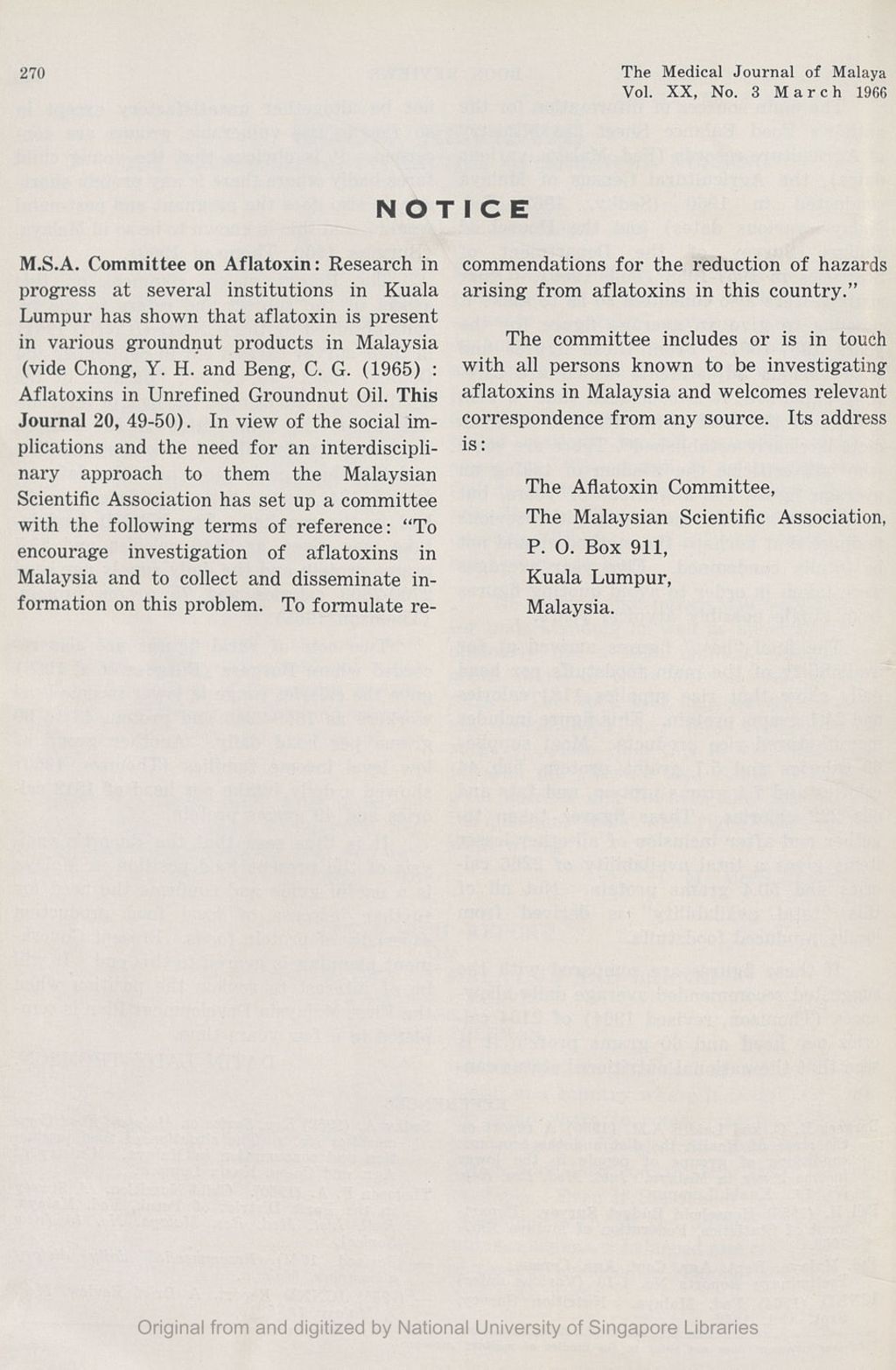 Miniature of Medical Journal of Malaya. Volume 20, Number 3. Notice