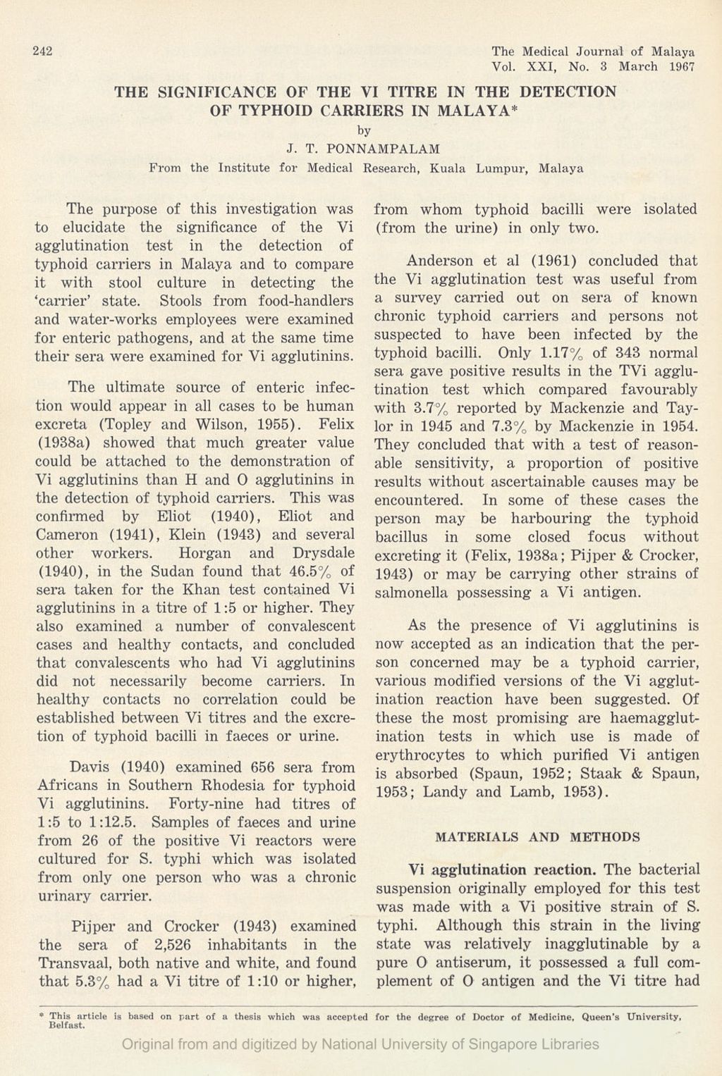 Miniature of Significance Of The Vi Titre In The Detection Of Typhoid Carriers In Malaya