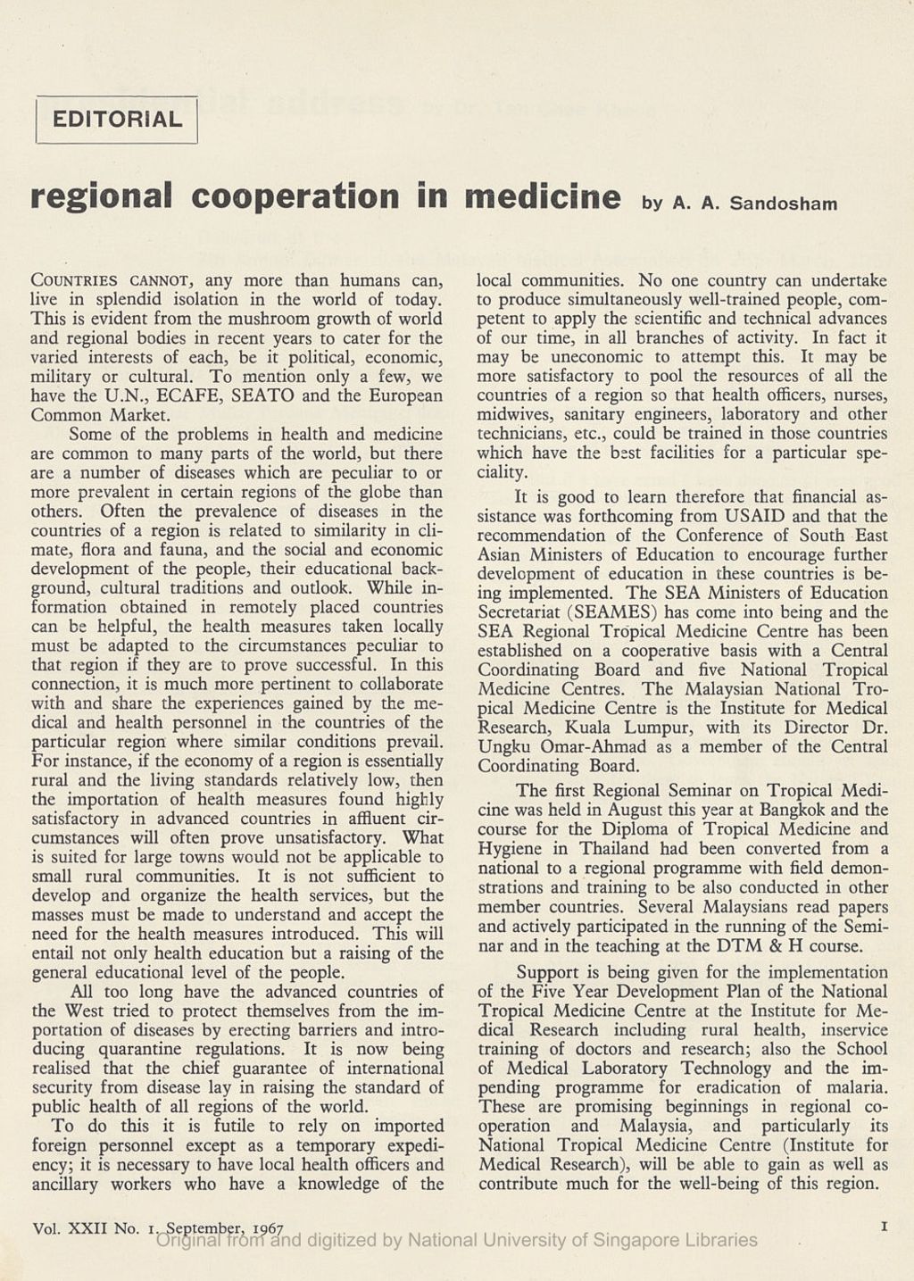 Miniature of Medical Journal of Malaya. Volume 22, Number 1