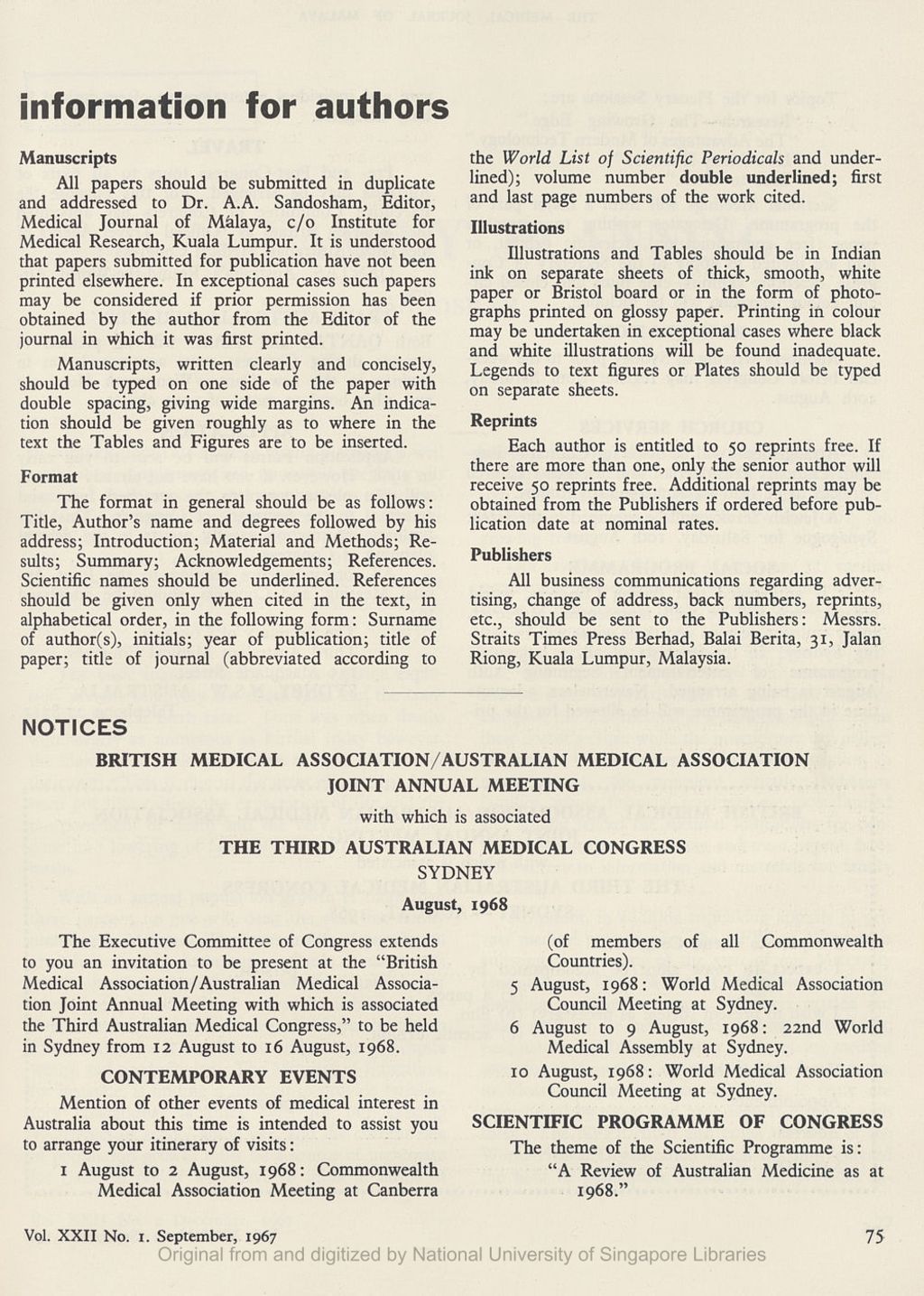 Miniature of Medical Journal of Malaya. Volume 22, Number 1. Information For Authors