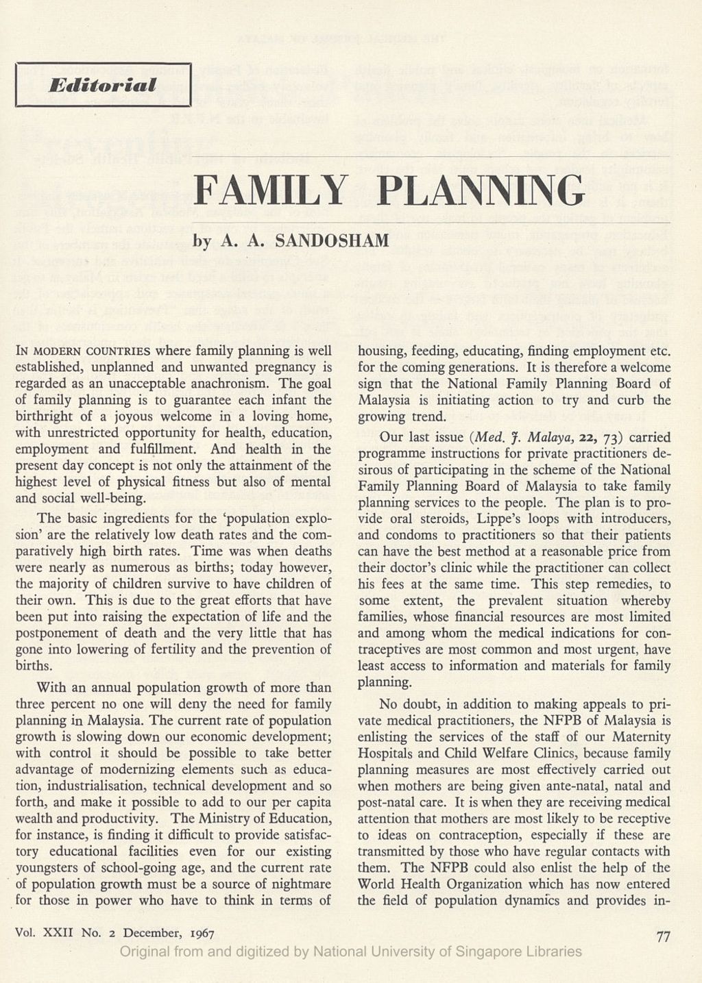 Miniature of Medical Journal of Malaya. Volume 22, Number 2. Editorial: Family Planning