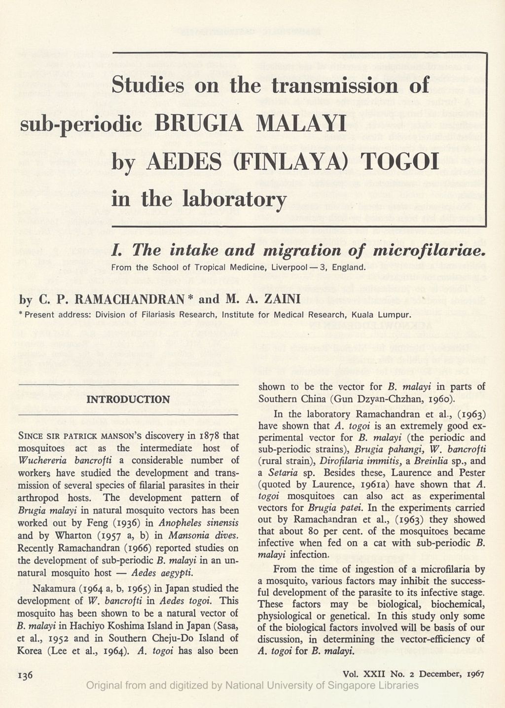 Miniature of Studies on the transmission of subperiodic Brugia malayi by Aedes (fibilaya) togoi in the laboratory. I. The intake and migration of micro-filariae