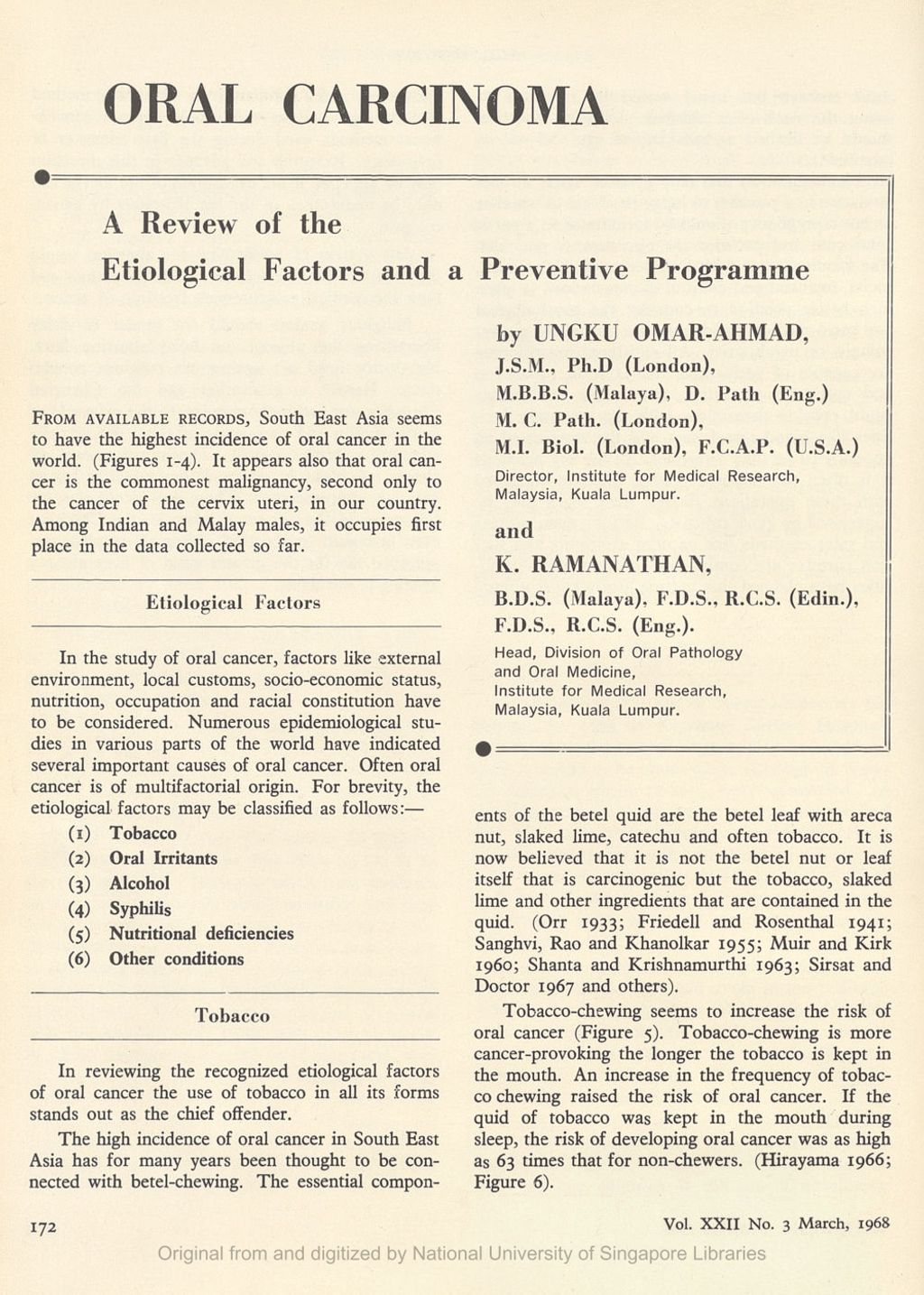 Miniature of Oral Carcinoma - A review of the Etiological Factors and a Preventive Programme