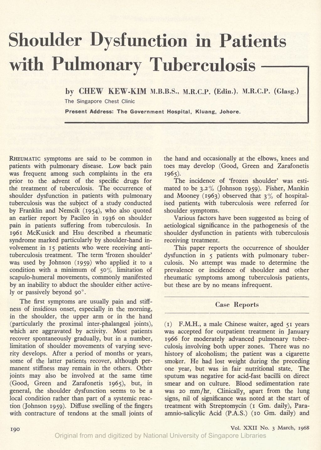 Miniature of Shoulder Dysfunction in Patients with Pulmonary Tuberculosis