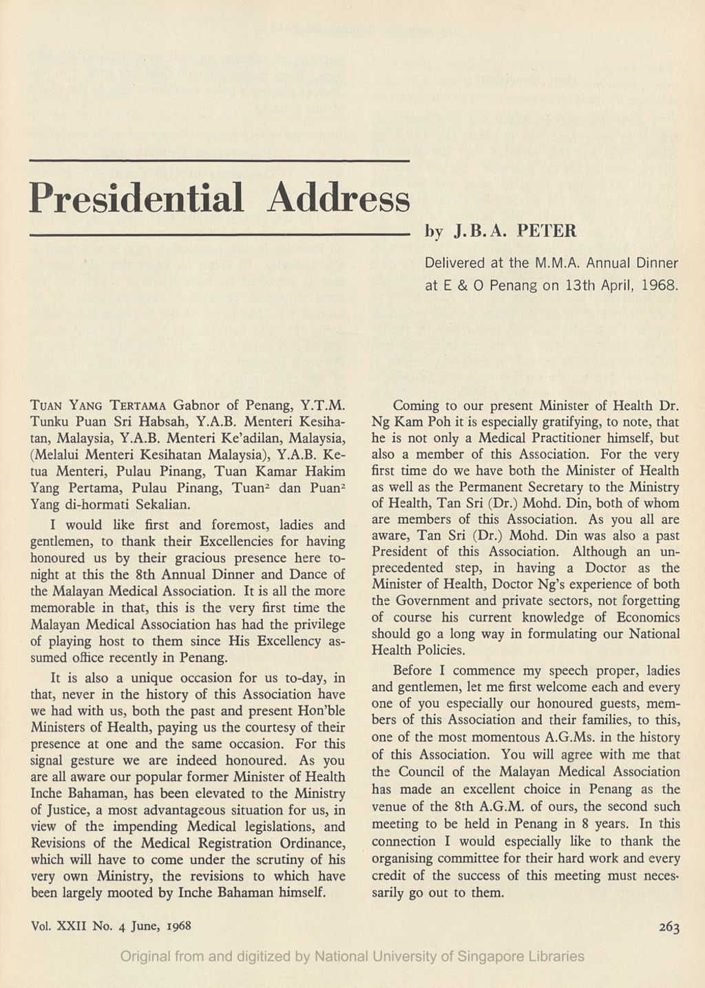 Miniature of Medical Journal of Malaya. Volume 22, Number 4. Presidential Address