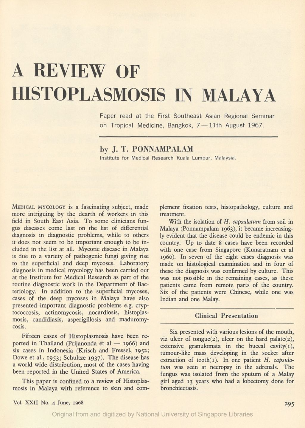 Miniature of Review of Histoplasmosis in Malaya