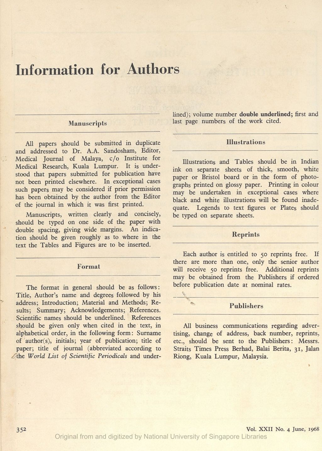 Miniature of Medical Journal of Malaya. Volume 22, Number 4. Information for Authors