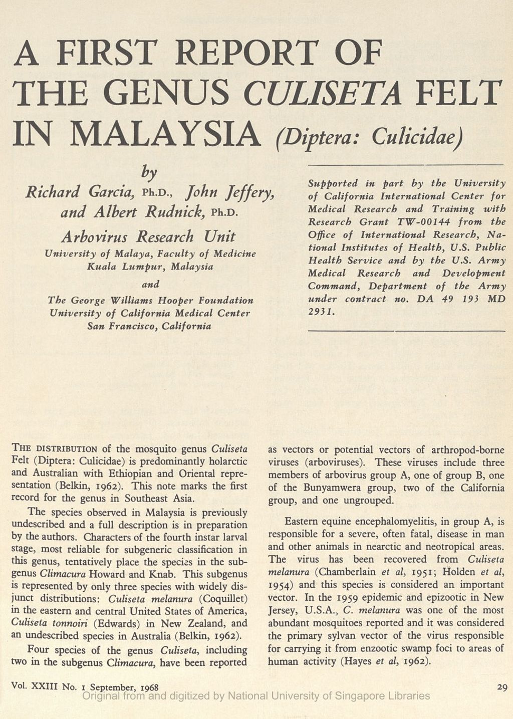 Miniature of first report of the Genus Culiseta Felt in Malaysia (Diptera: Culcidae)