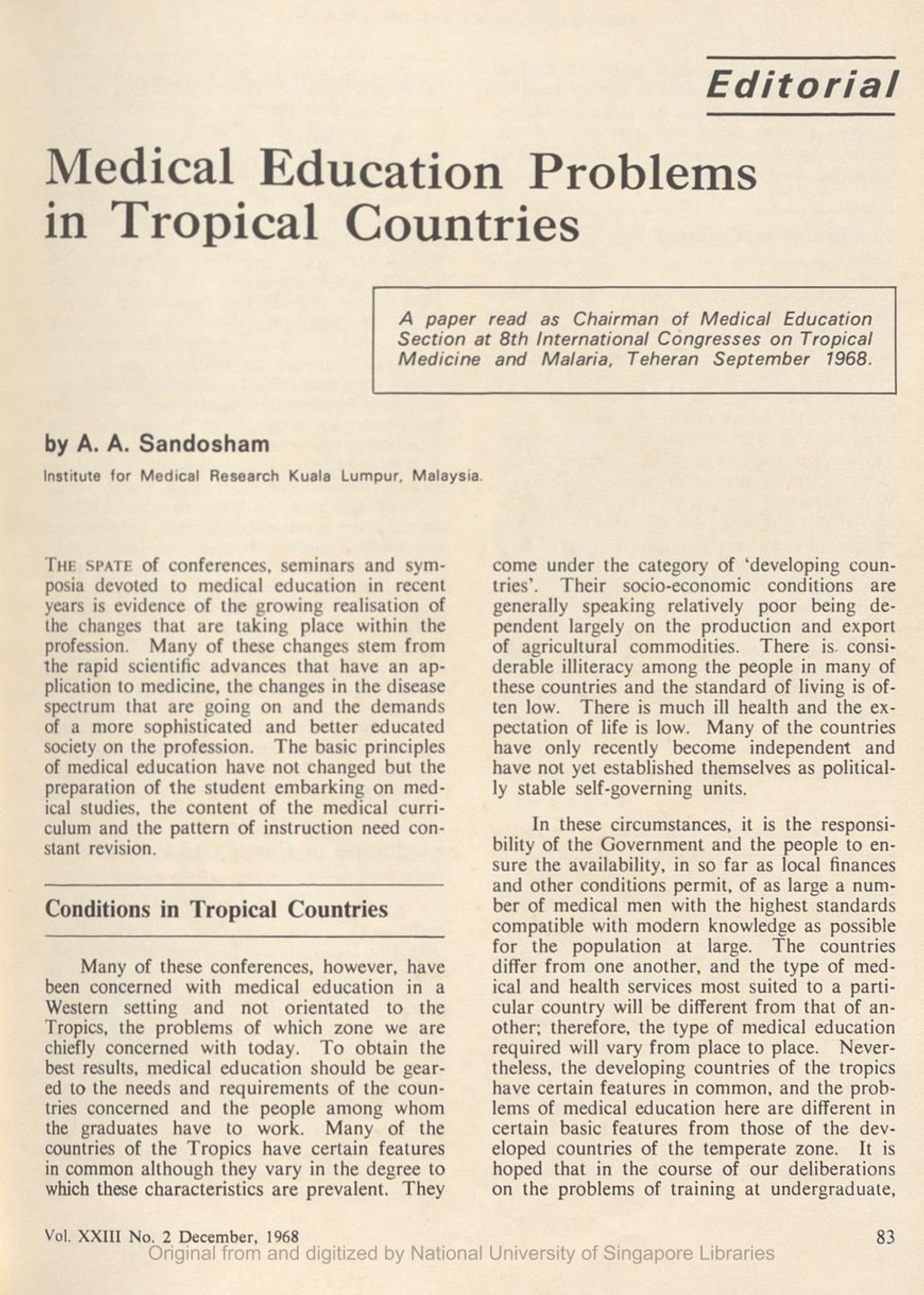 Miniature of Editorial - Medical Education Problems in Tropical Countries