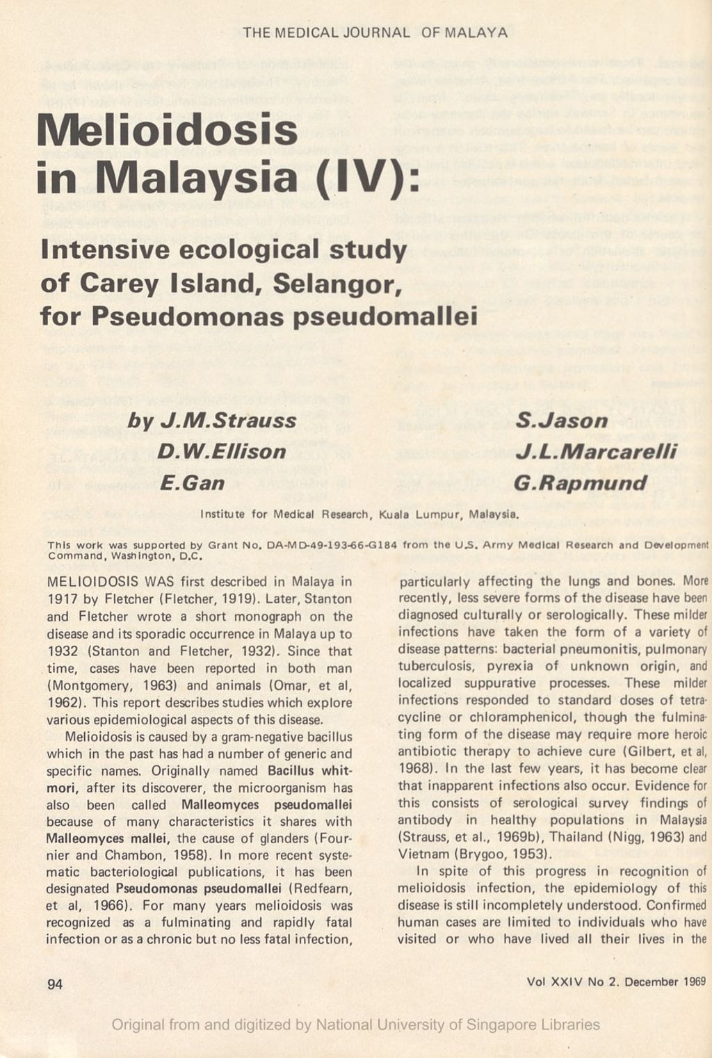 Miniature of Melioidosis in Malaysia (IV): Intensive ecological study of Carey Island, Selangor, for Pseudomonas pseudomallei