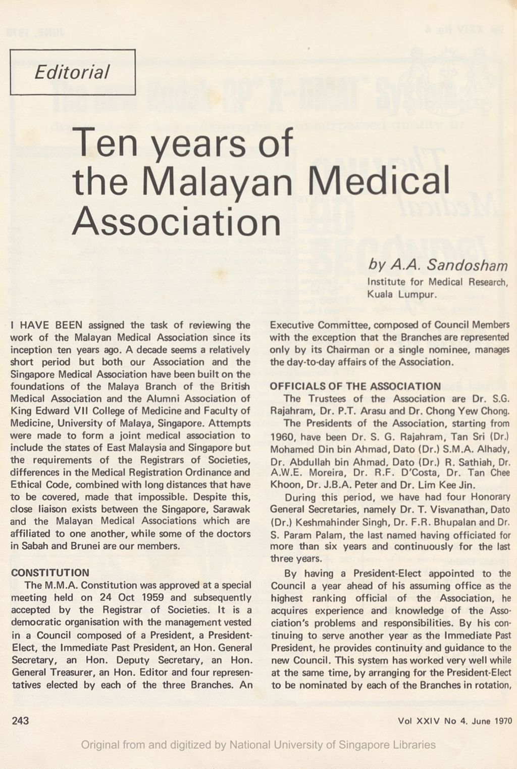 Miniature of Editorial: Ten years of the Malayan Medical Association