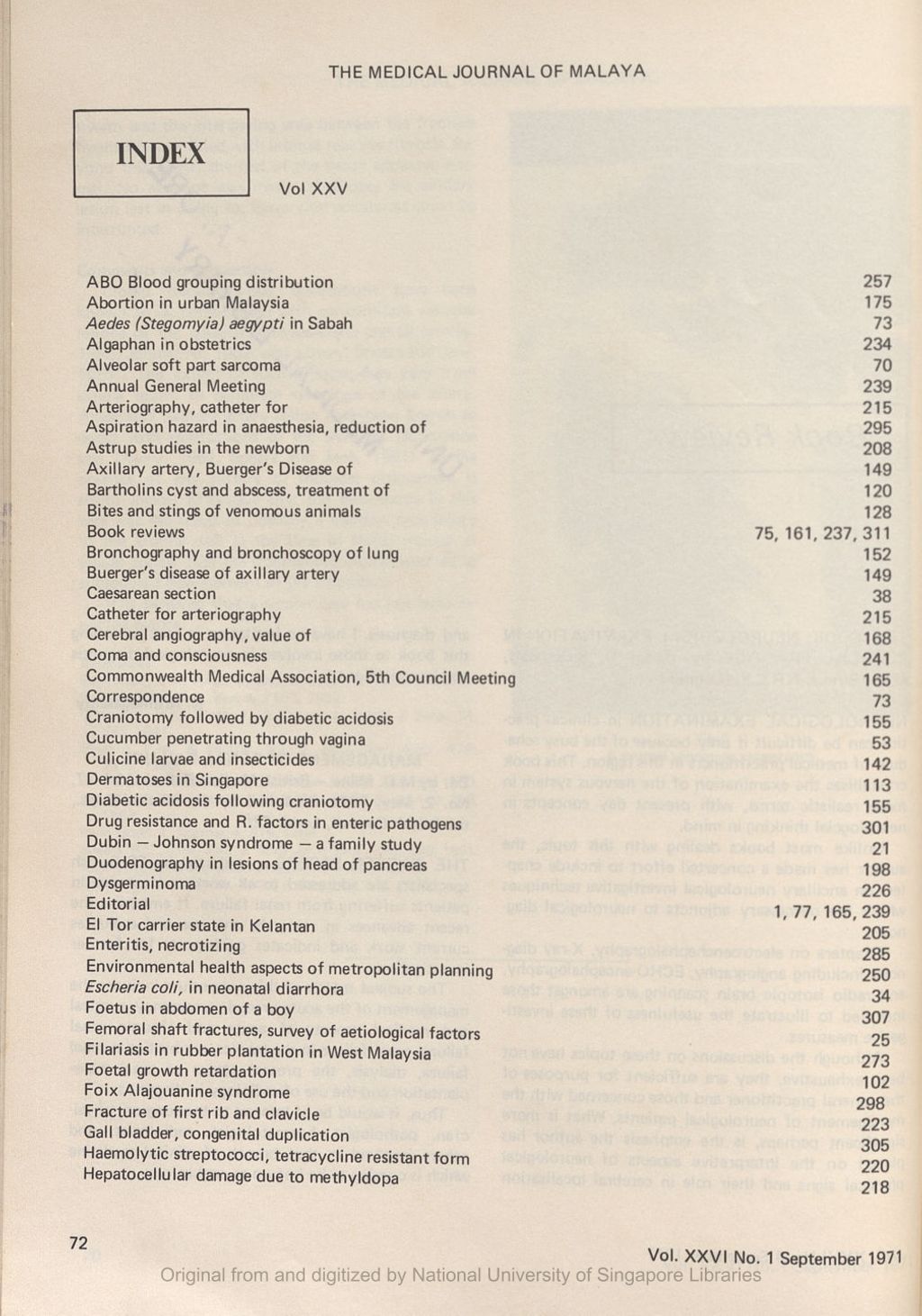 Miniature of Medical Journal of Malaya. Volume 26, Number 1. Index