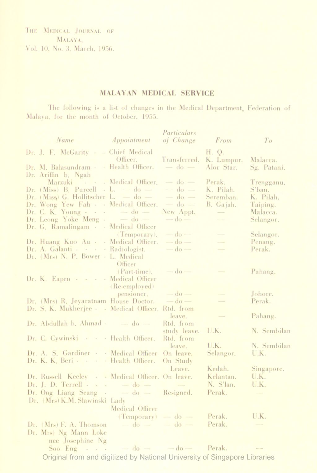 Miniature of Medical Journal of Malaya. Volume 10, Number 3. Malayan Medical Service