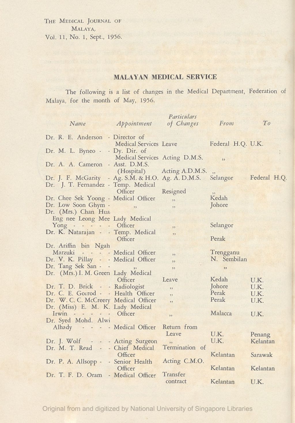 Miniature of Medical Journal of Malaya. Volume 11, Number 1. Malayan Medical Service