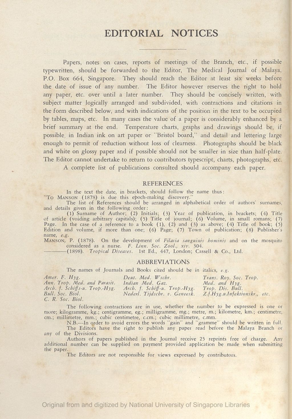 Miniature of Medical Journal of Malaya. Volume 11, Number 1. Editorial Notices