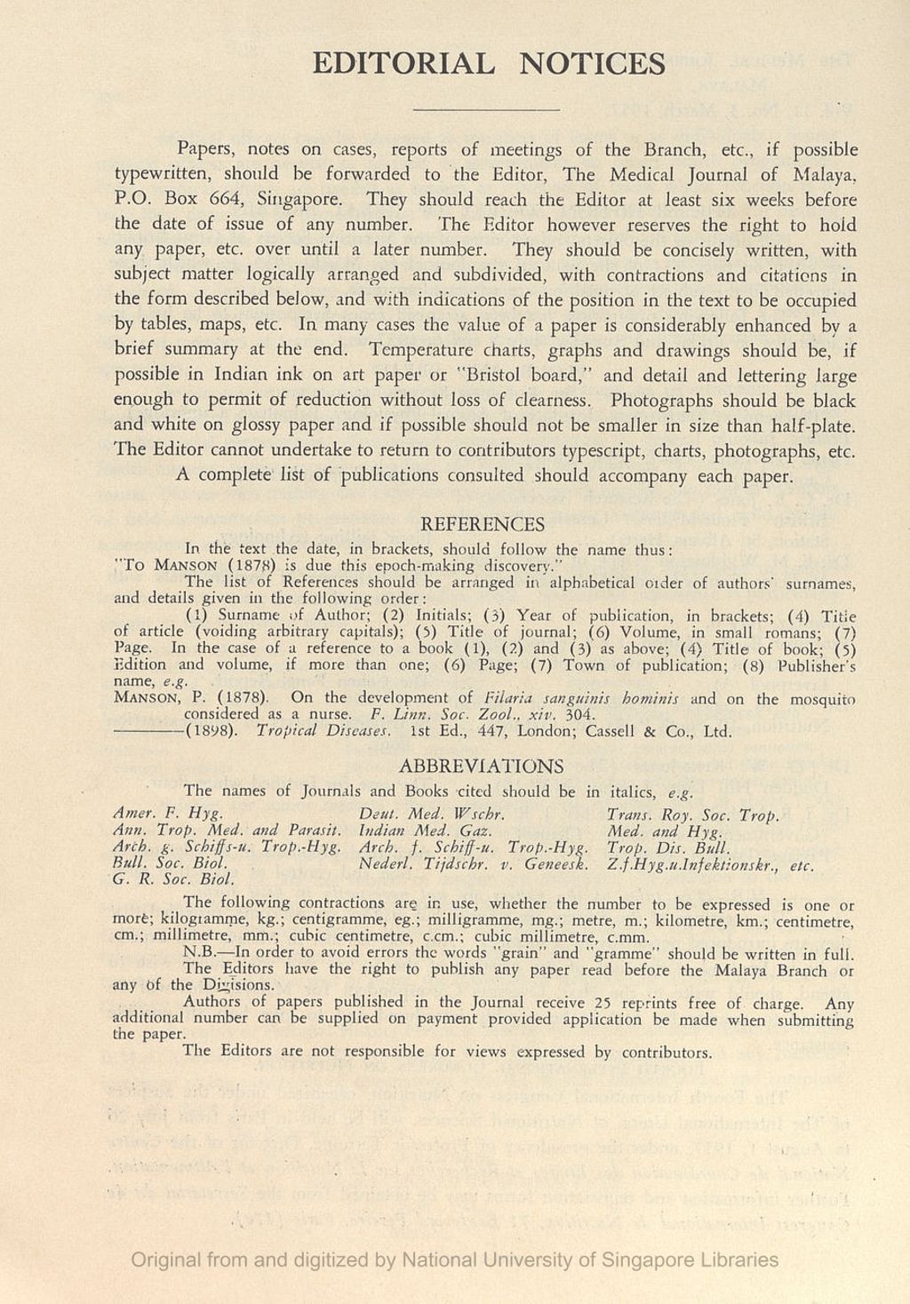 Miniature of Medical Journal of Malaya. Volume 11, Number 3. Editorial Notices