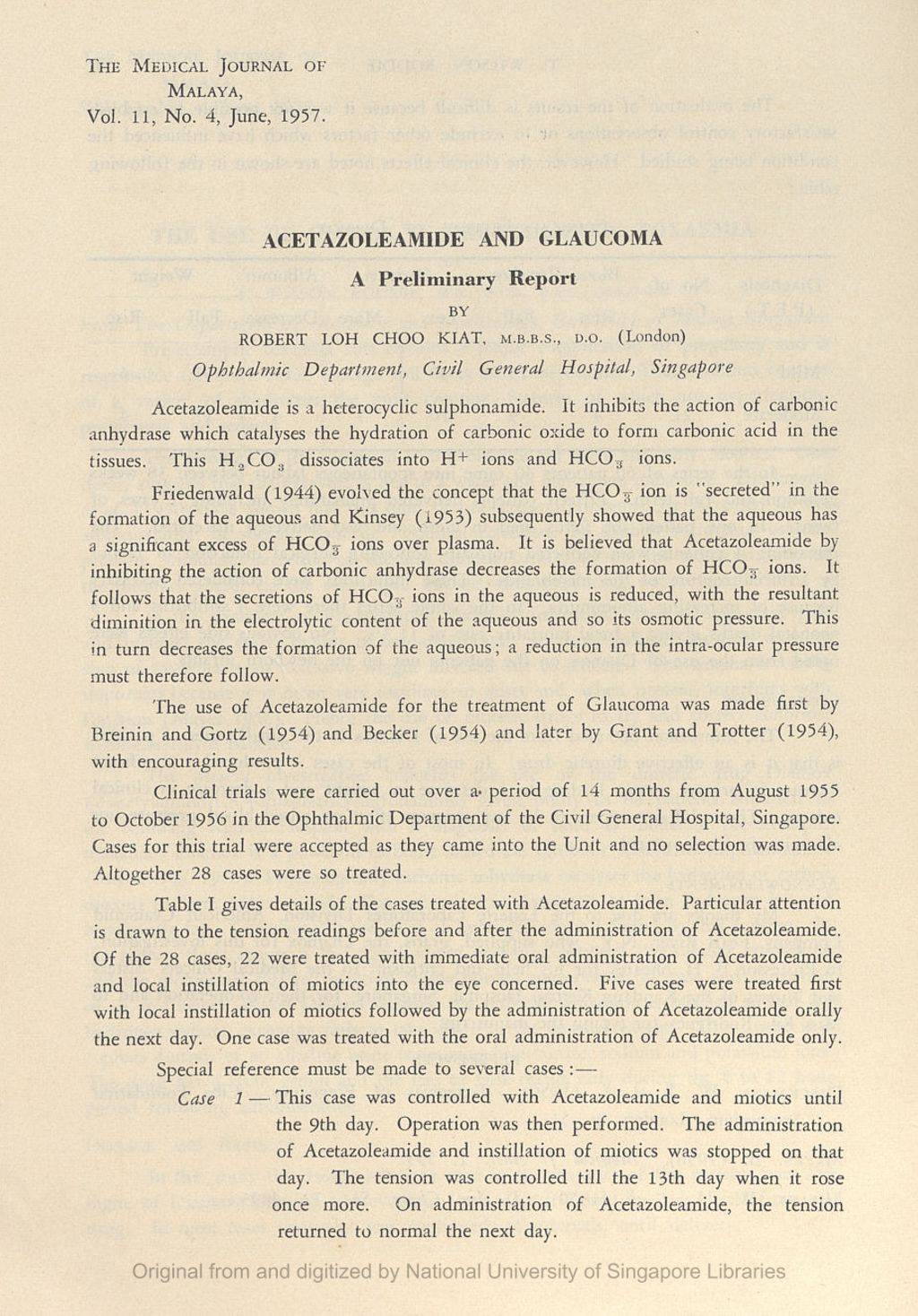 Miniature of Acetazoleamide And Glaucoma. A Preliminary Report