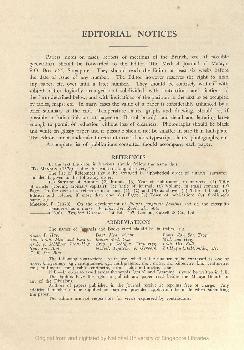 Miniature of Medical Journal of Malaya. Volume 11, Number 4. Editorial Notices