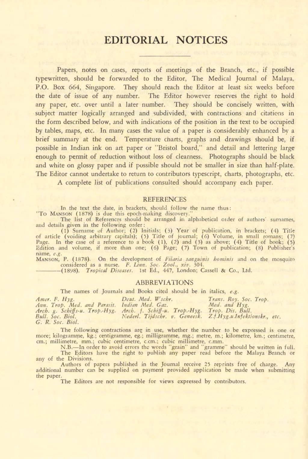 Miniature of Medical Journal of Malaya. Volume 12, Number 1. Editorial Notices