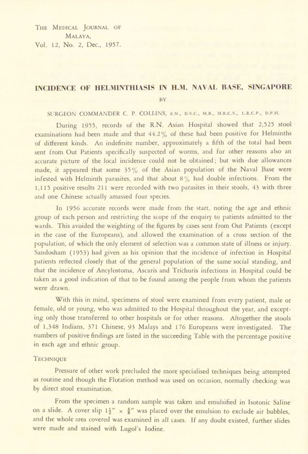 Miniature of Incidence Of Helminthiasis In H.M. Naval Base, Singapore