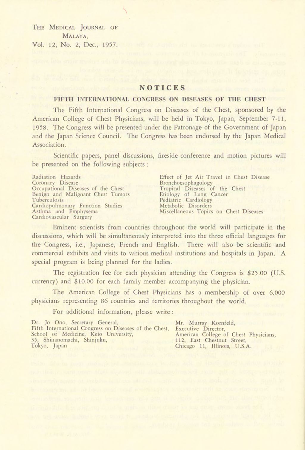 Miniature of Medical Journal Of Malaya. Volume 12, Number 2. Notices