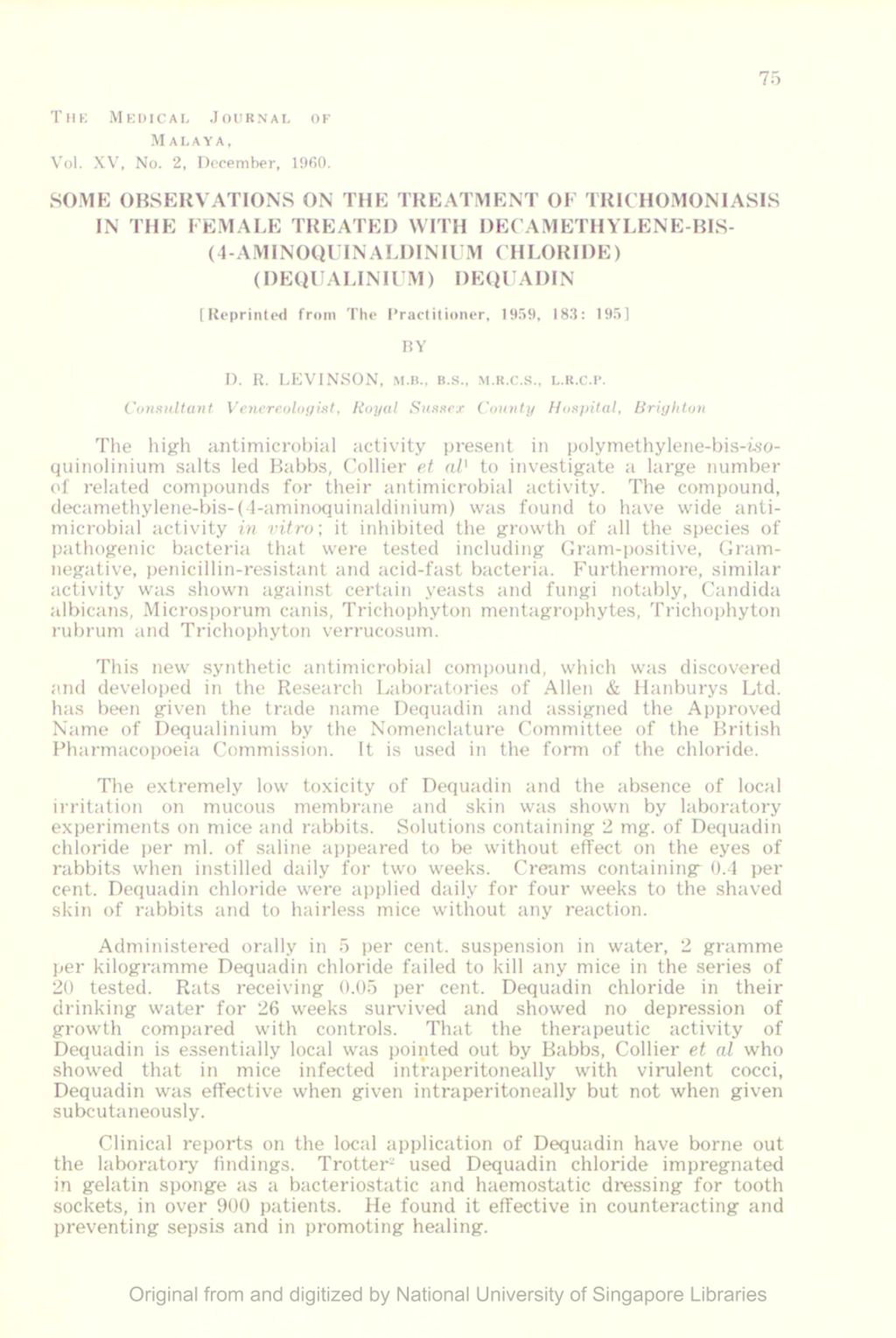 Miniature of Some Observations On The Treatment Of Trichomoniasis In The Female Treated With Decamethylene-Bis- (4-Aminoquinaldinium Chloride) (Dequalinium) Dequadin