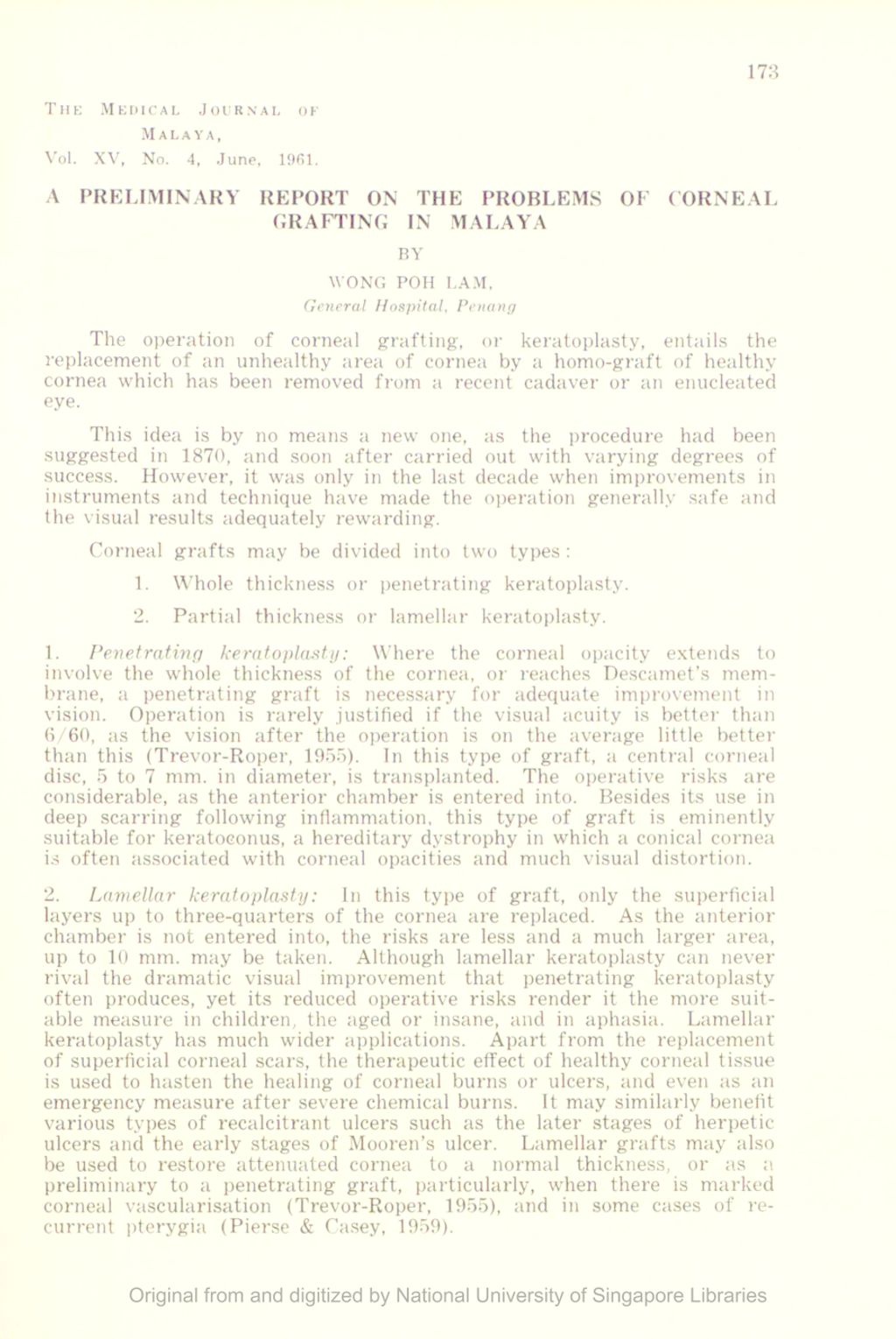 Miniature of Preliminary Report On The Problems Of Corneal Grafting In Malaya