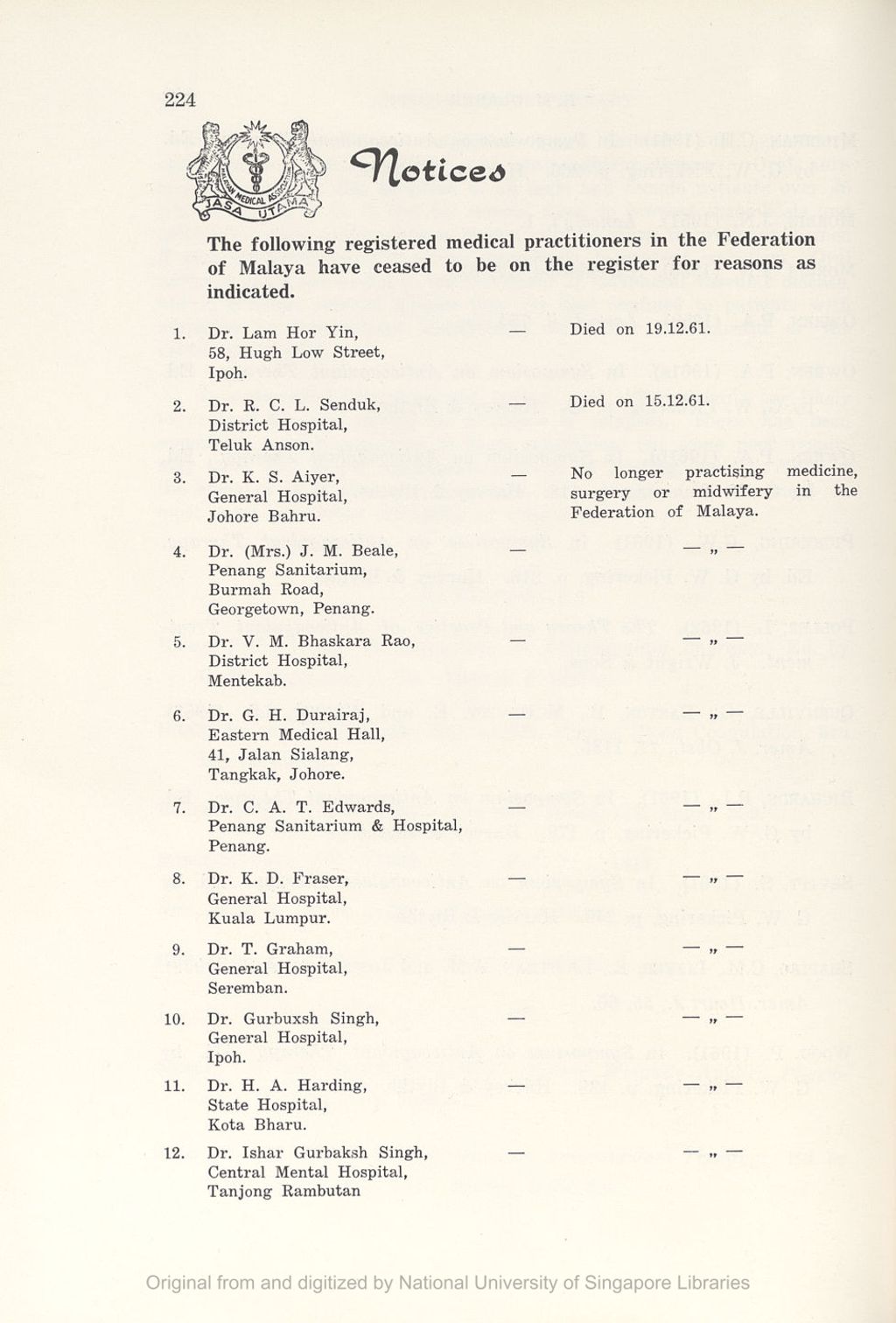 Miniature of Medical Journal of Malaya. Volume 17, Number 3. Notices