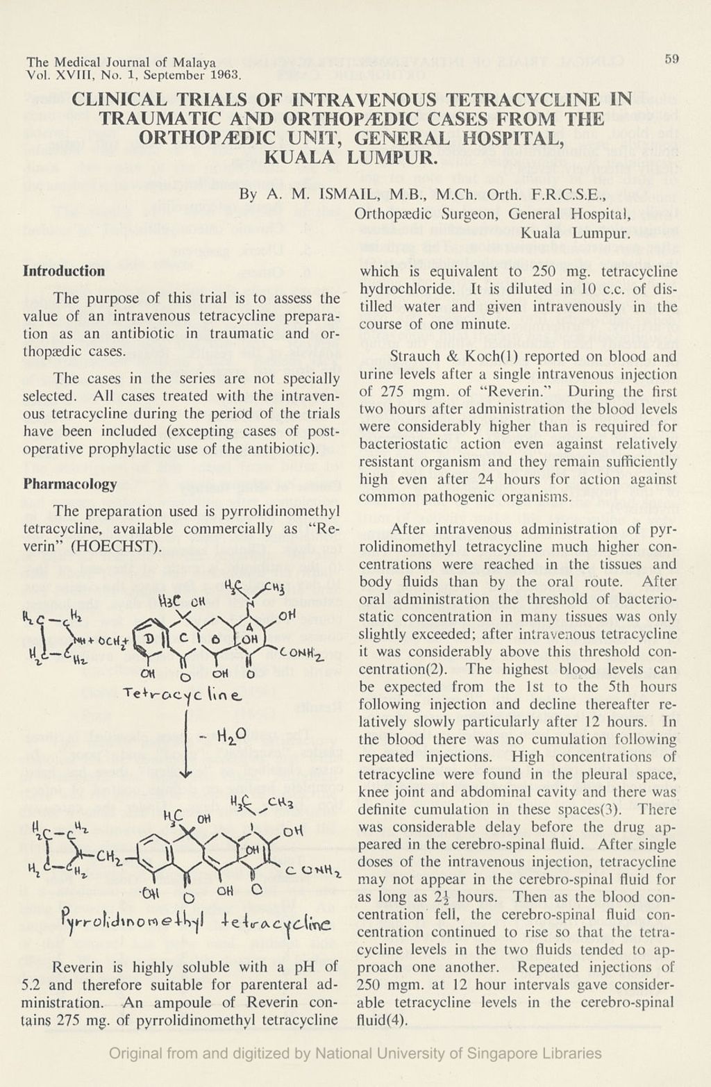 Miniature of Clinical Trials Of Intravenous Tetracycline In Traumatic And Orthopaedic Cases From The Orthopaedic Unit, General Hospital, Kuala Lumpur