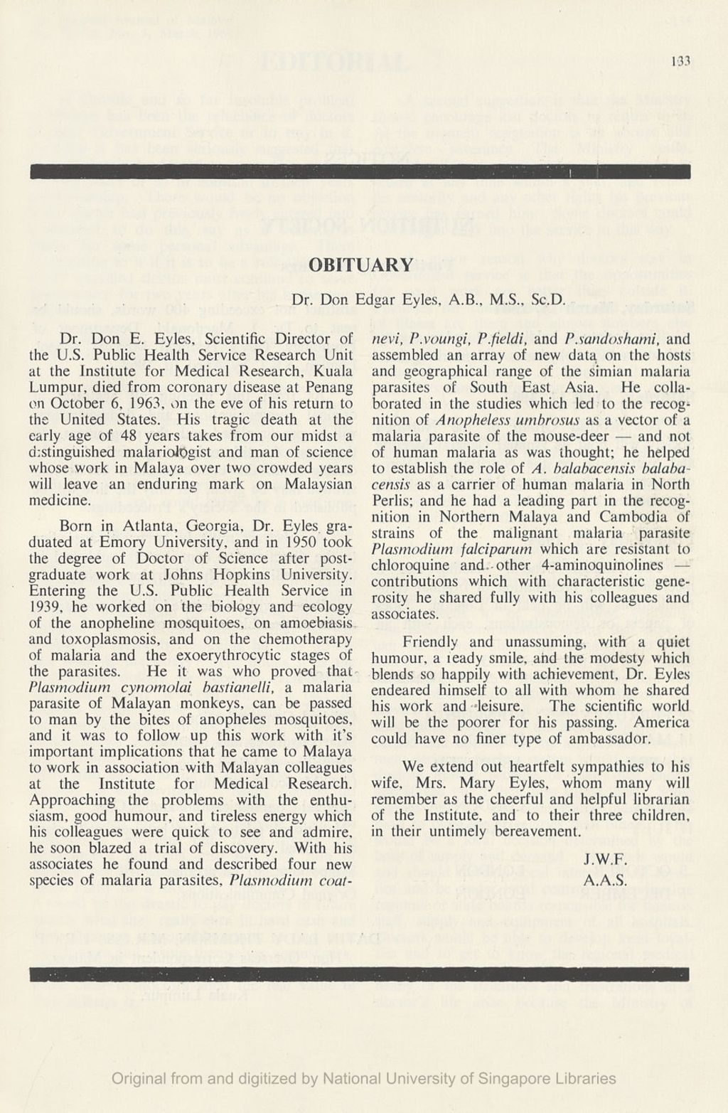 Miniature of Medical Journal of Malaya. Volume 18, Number 2. Obituary