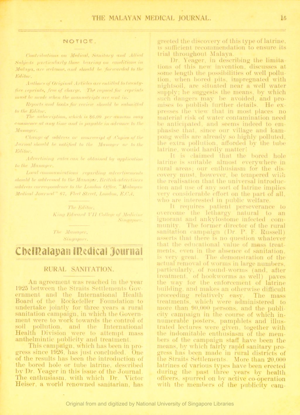 Miniature of The Malayan Medical Journal. Volume 4, Number 1. Notice