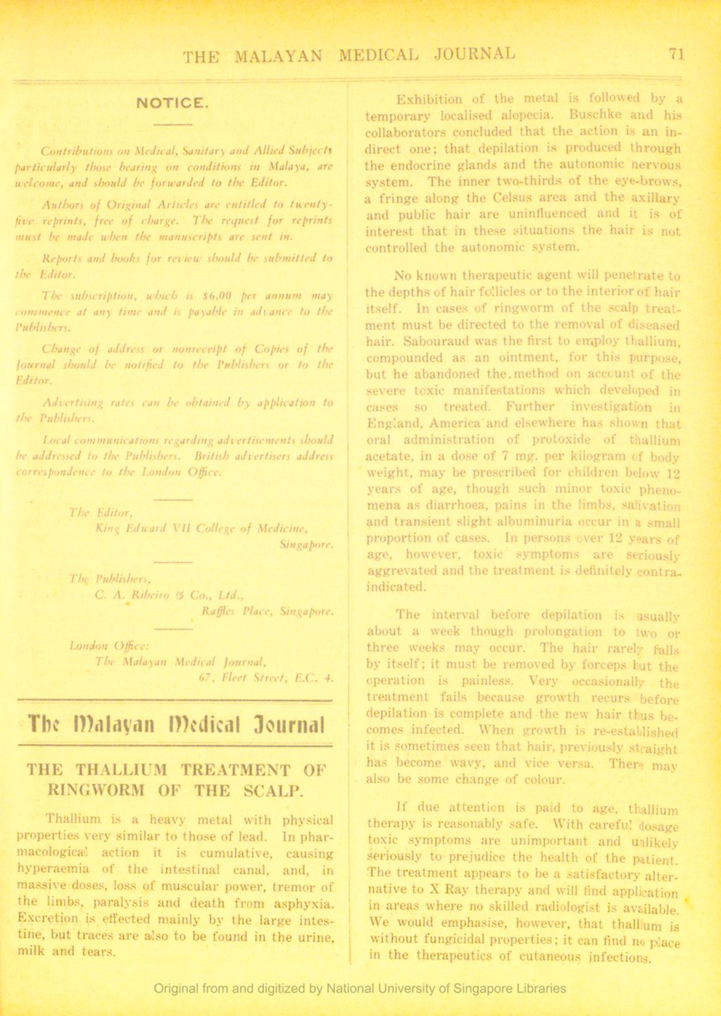 Miniature of The Malayan Medical Journal. Volume 4, Number 2. Notice