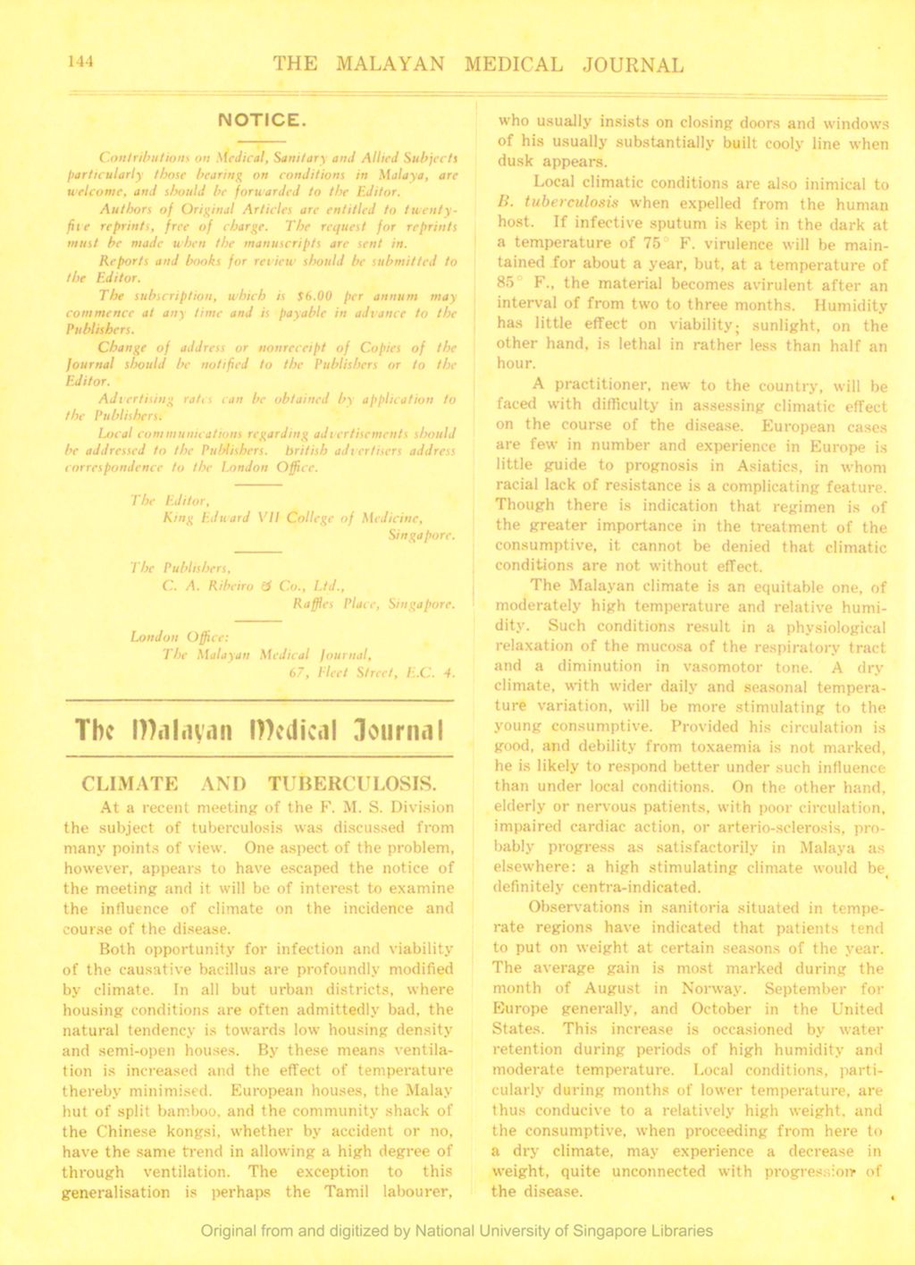 Miniature of The Malayan Medical Journal. Volume 4, Number 4. Notice