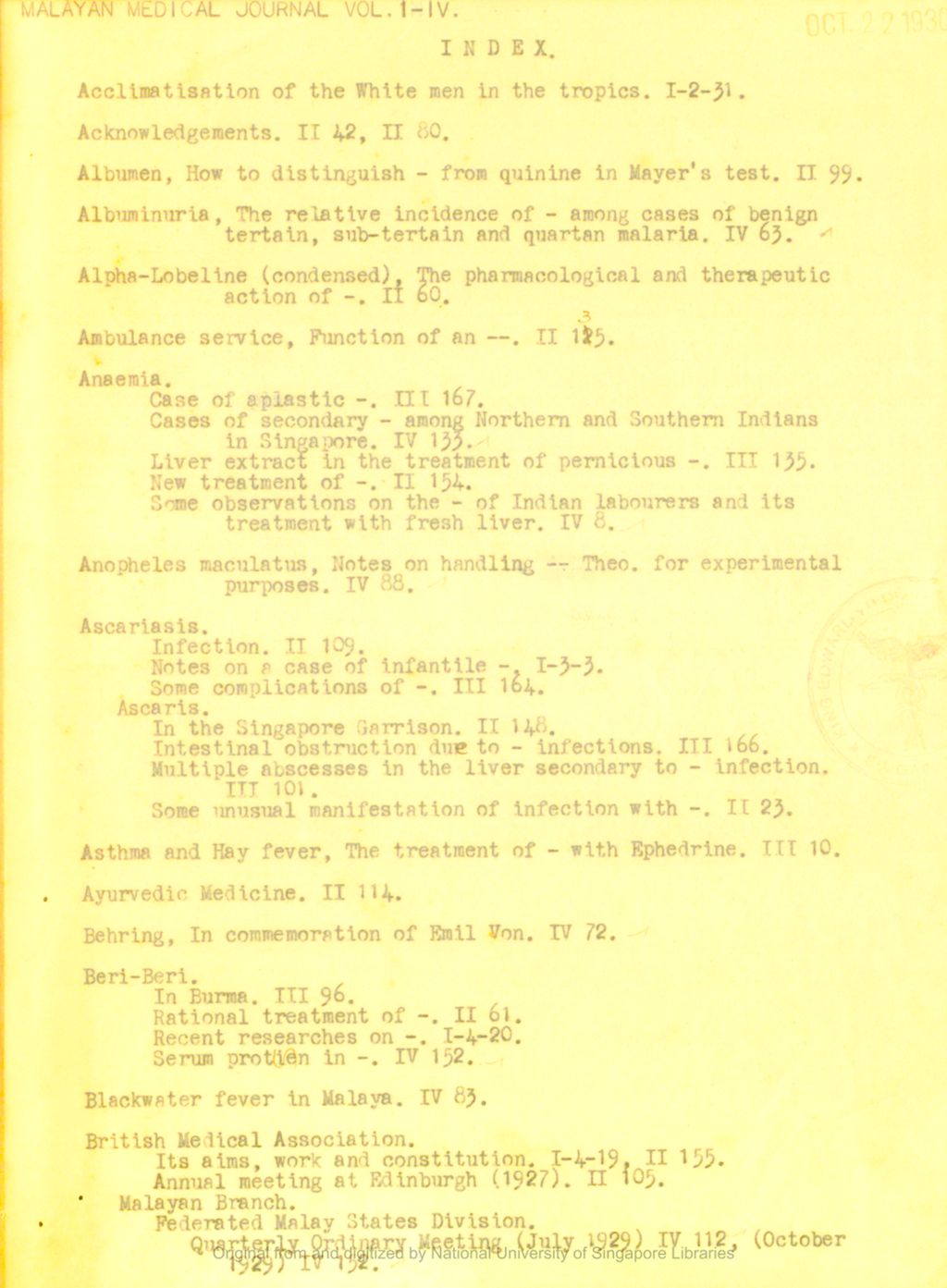 Miniature of Supplement to the The Malayan Medical Journal. March 1929