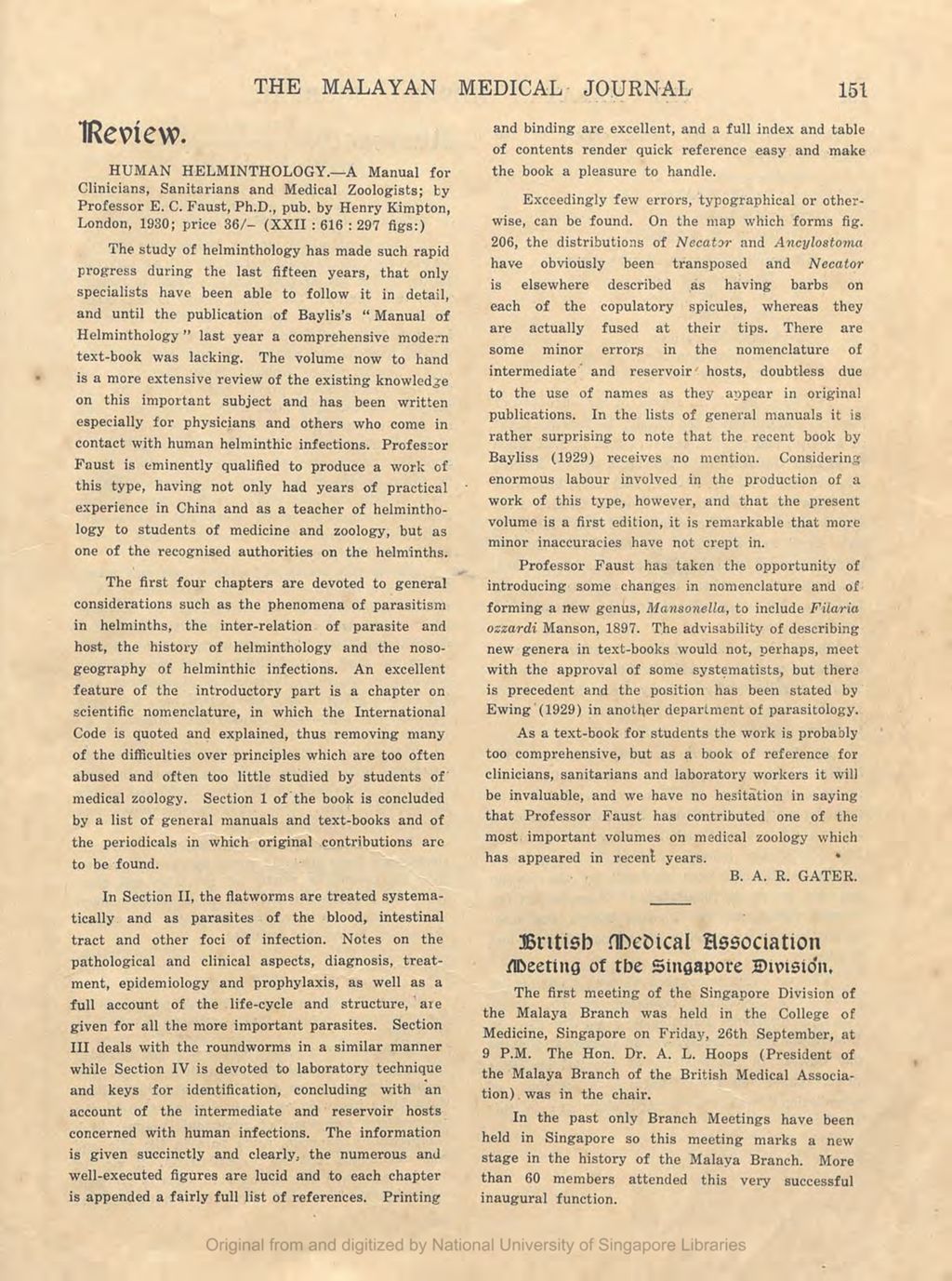 Miniature of The Malayan Medical Journal. Volume 5, Number 3. British Medical Association. Meeting Of The Singapore Division