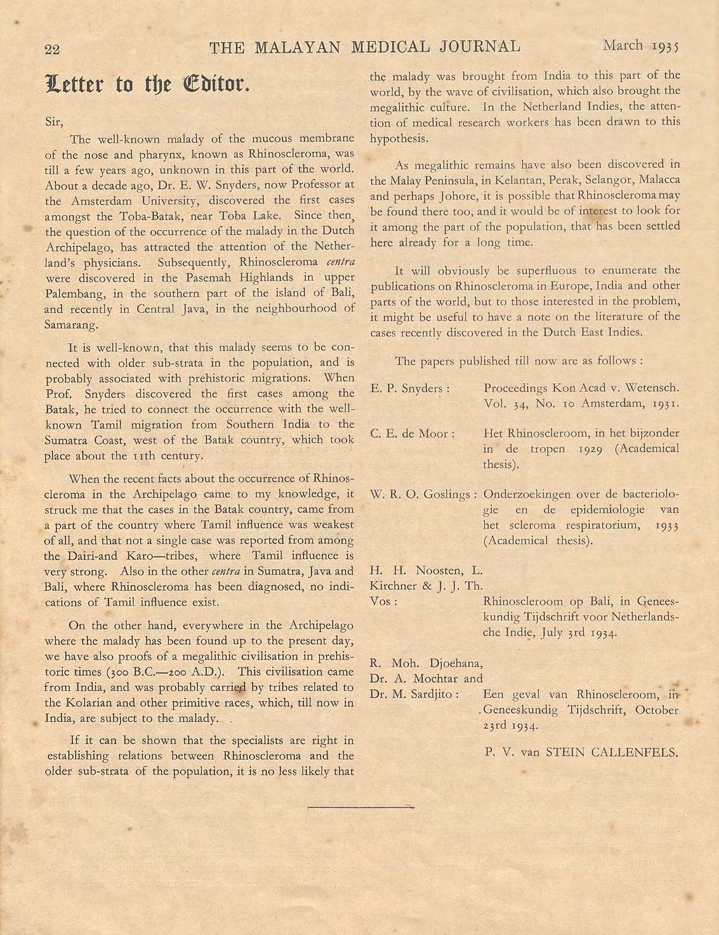 Miniature of The Malayan Medical Journal. Volume 10, 1935. Letter to the Editor