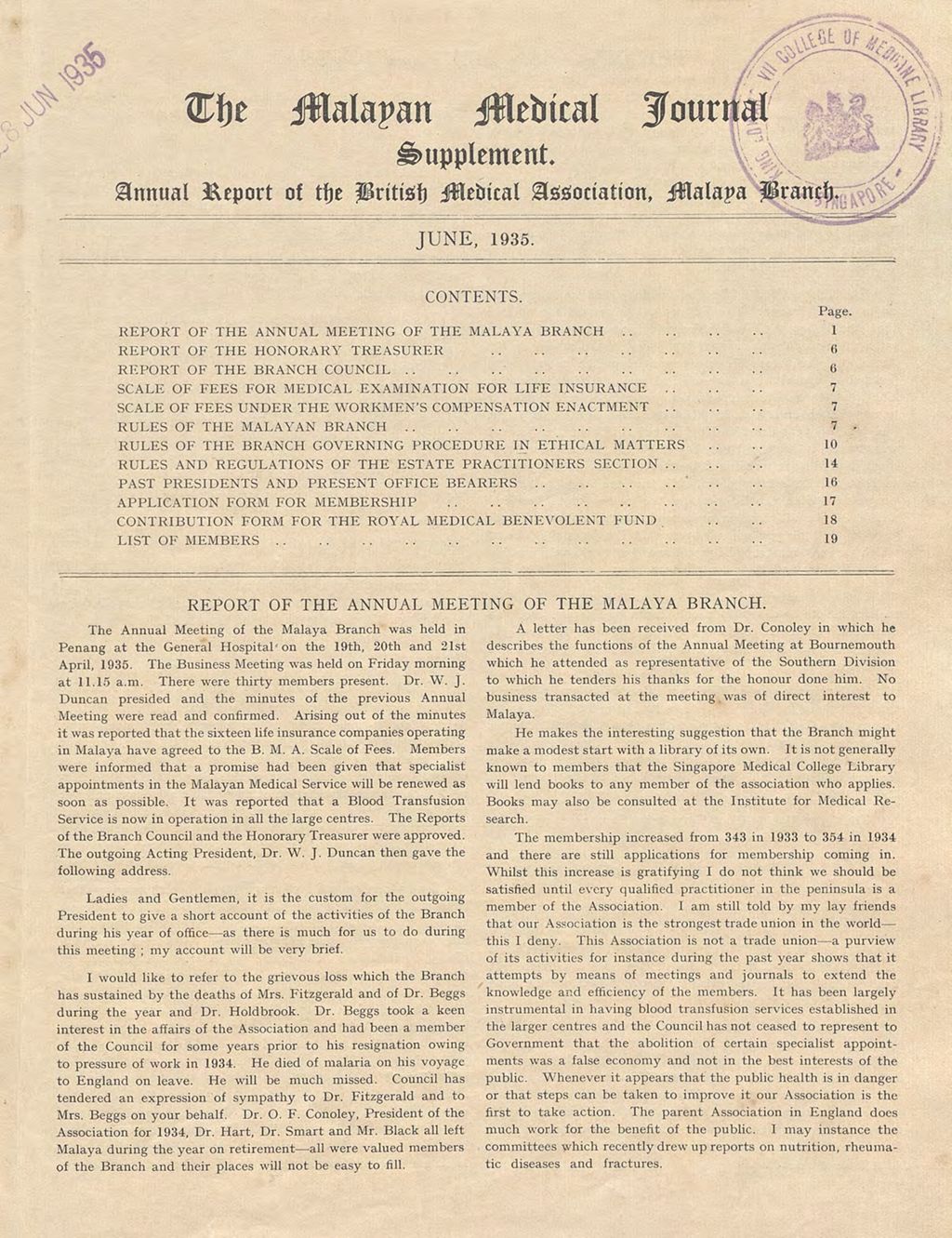 Miniature of Malayan Medical Journal Supplement. Annual Report of the British Medical Association, Malaya Branch. June, 1935