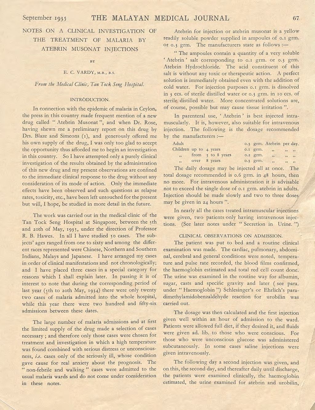 Miniature of Notes on a Clinical Investigation of the Treatment of Malaria by Aterbin Musonat Injections