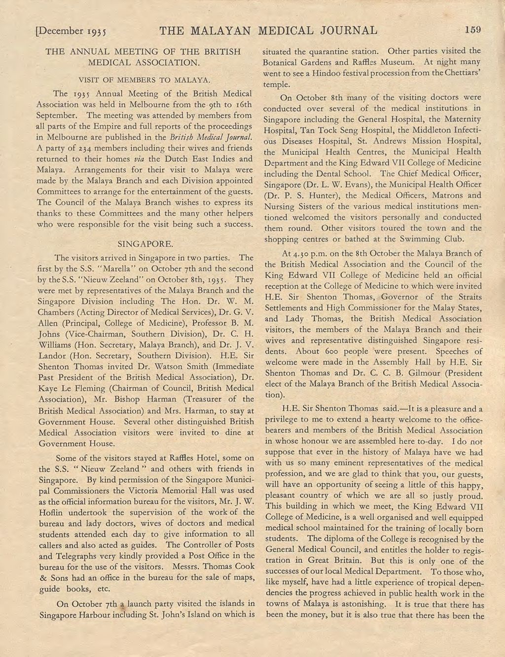 Miniature of The Malayan Medical Journal. Volume 10, 1935. Annual Meeting of the British Medical Association