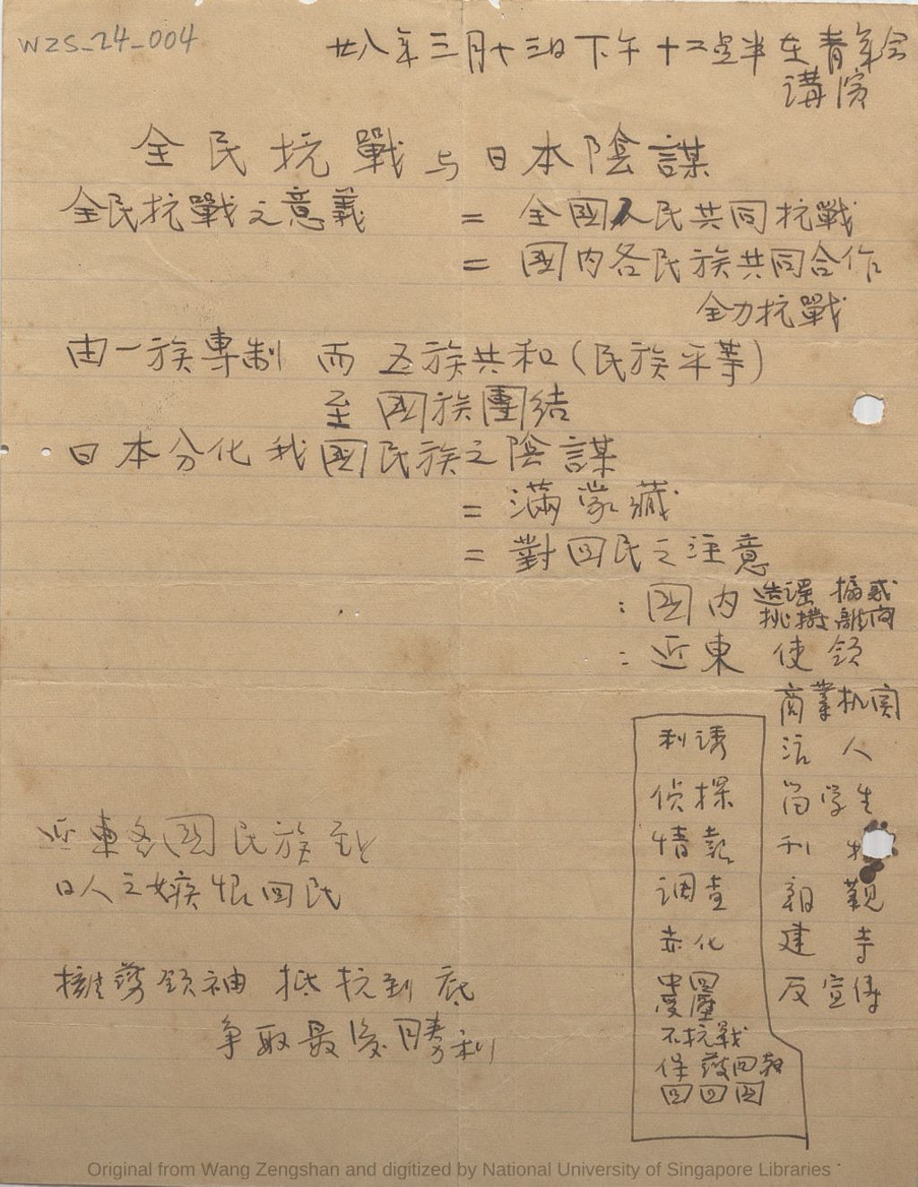 Miniature of 青年会演讲: 全民抗战与日本阴谋 . 中华民国廿八年(1939)三月十三日下午十二点半