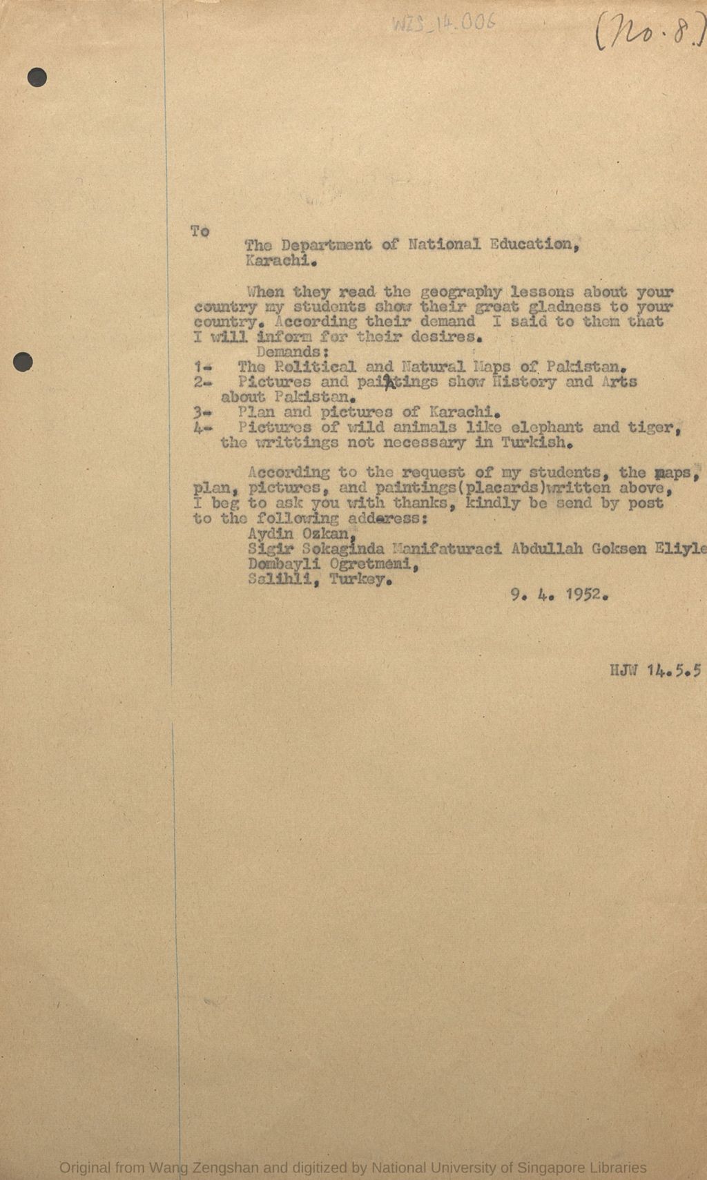 Miniature of Letter from Aydin Ozkan to the Department of National Education, Karachi to request maps, plan, pictures and paintings of Pakistan on 09 April 1952