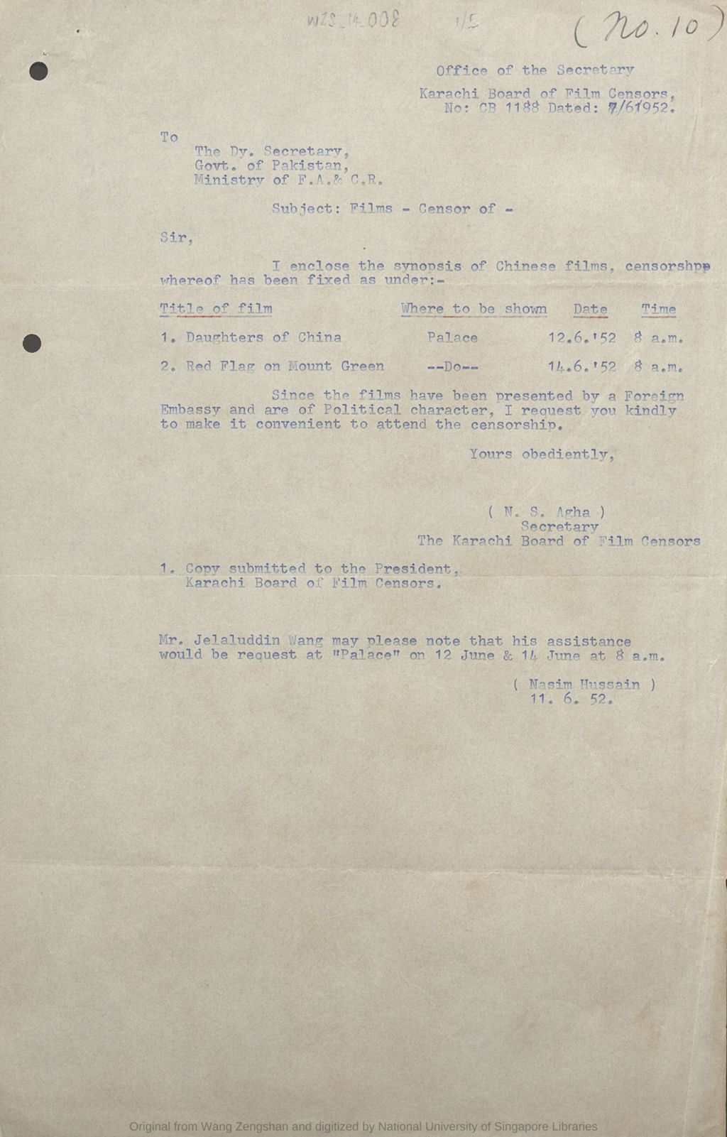 Miniature of Letter requesting Jelaluddin Wang to attend censorship of two Chinese films at Palace Cinema on 12 and 14 June 1952