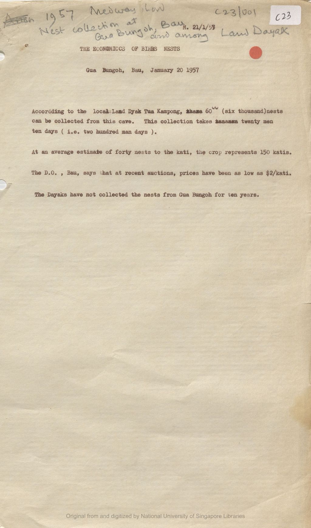 Miniature of The economics of birds nests: Gua Bungoh, Bau, January 20th 1957