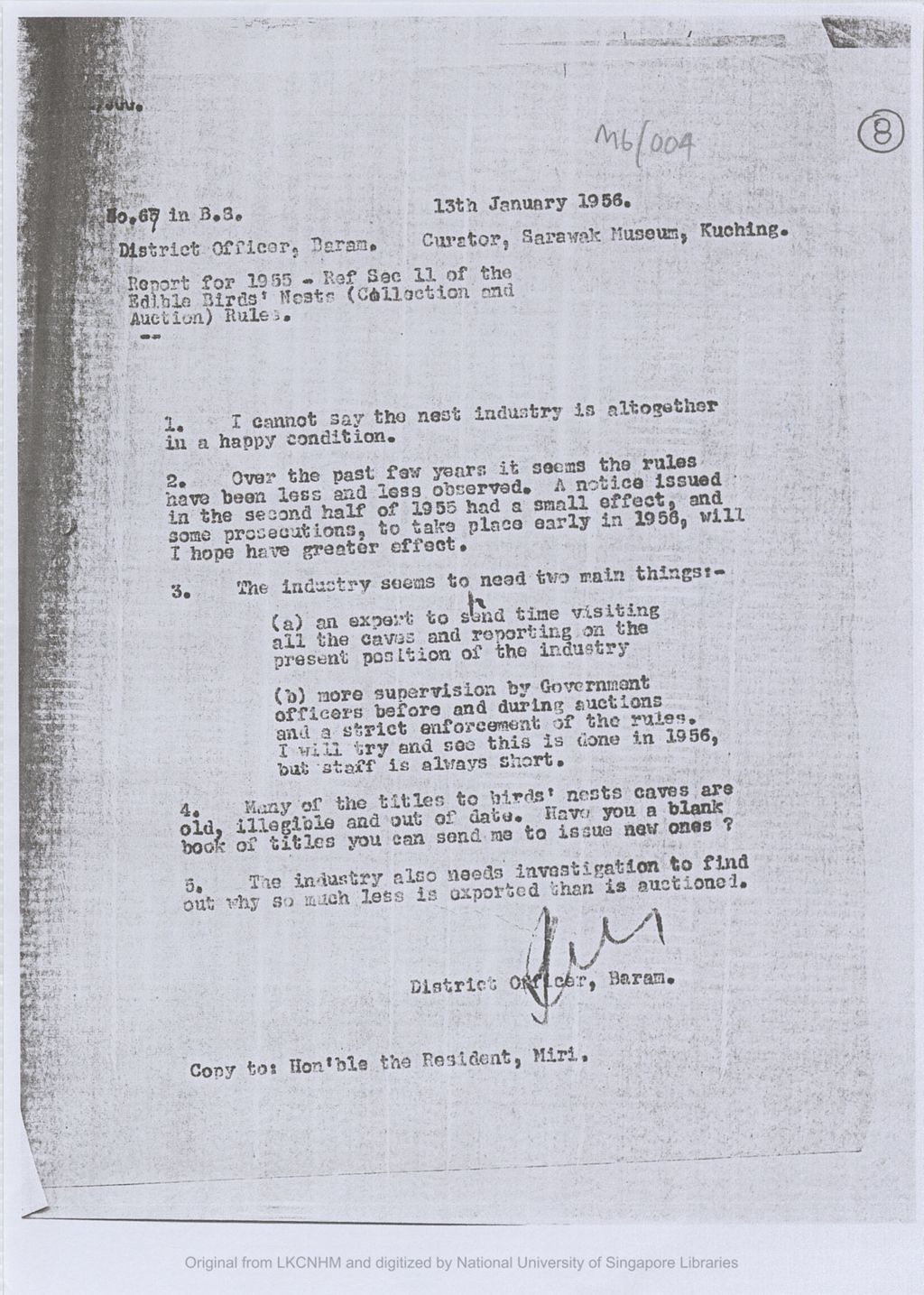 Miniature of Letter from Ian Urquhart, District Officer, Marudi, Baram to Tom Harrisson, Curator, Sarawak Museum on the problems faced by the bird-nests industry