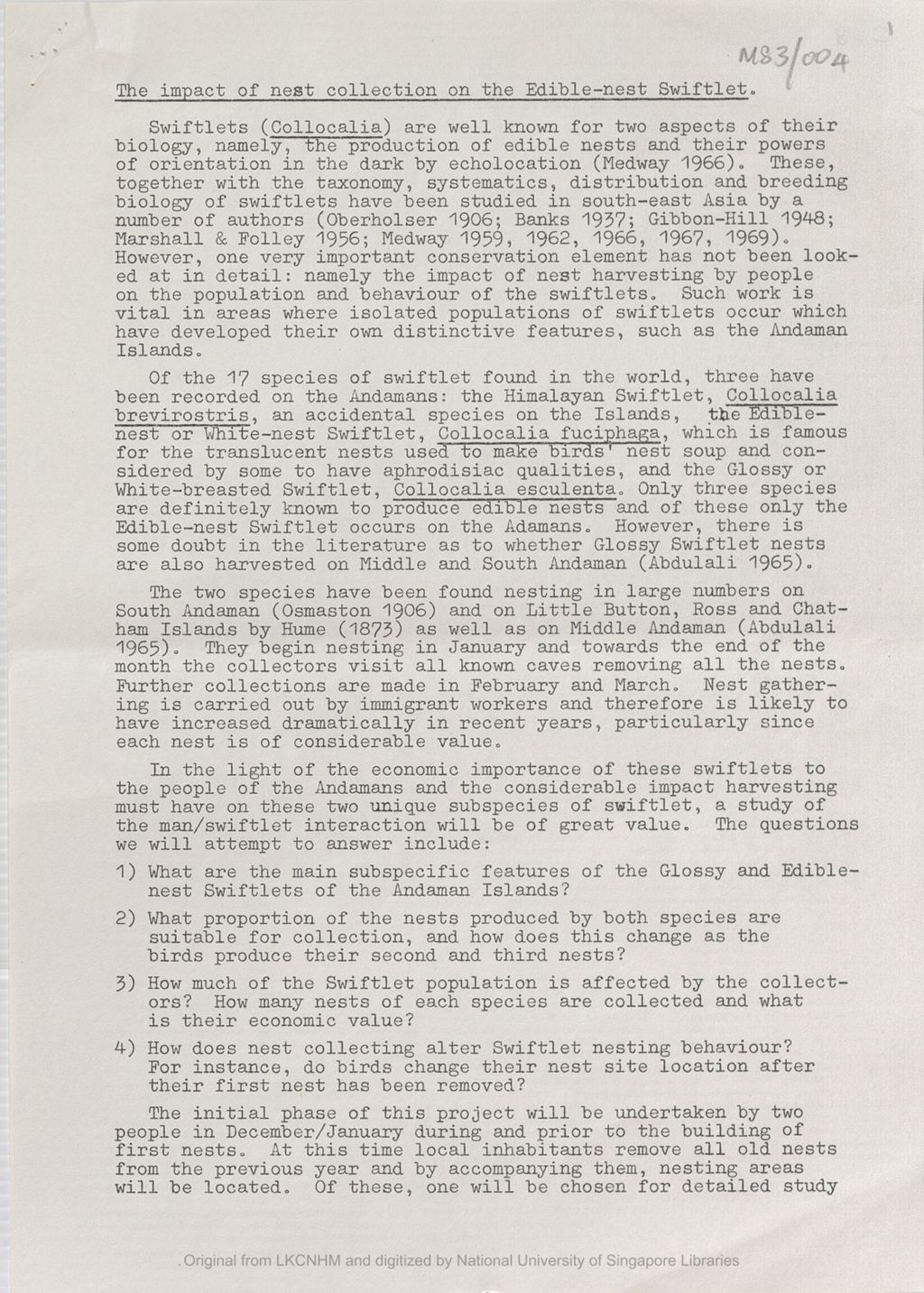 Miniature of Provisional prospectus for a six-month Oxford University zoologial expedition to the Andaman Islands: the impact of nest collection on the edible-nest swiflet [re: Letter from Michael Rands to the 5th Earl of Cranbrook dated 1982/01/25]