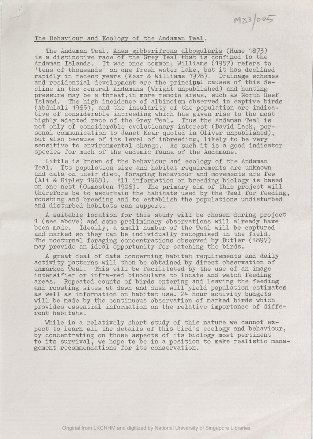 Miniature of Provisional prospectus for a six-month Oxford University zoologial expedition to the Andaman Islands: the behaviour and ecology of the Andaman teal [re: Letter from Michael Rands to the 5th Earl of Cranbrook dated 1982/01/25]