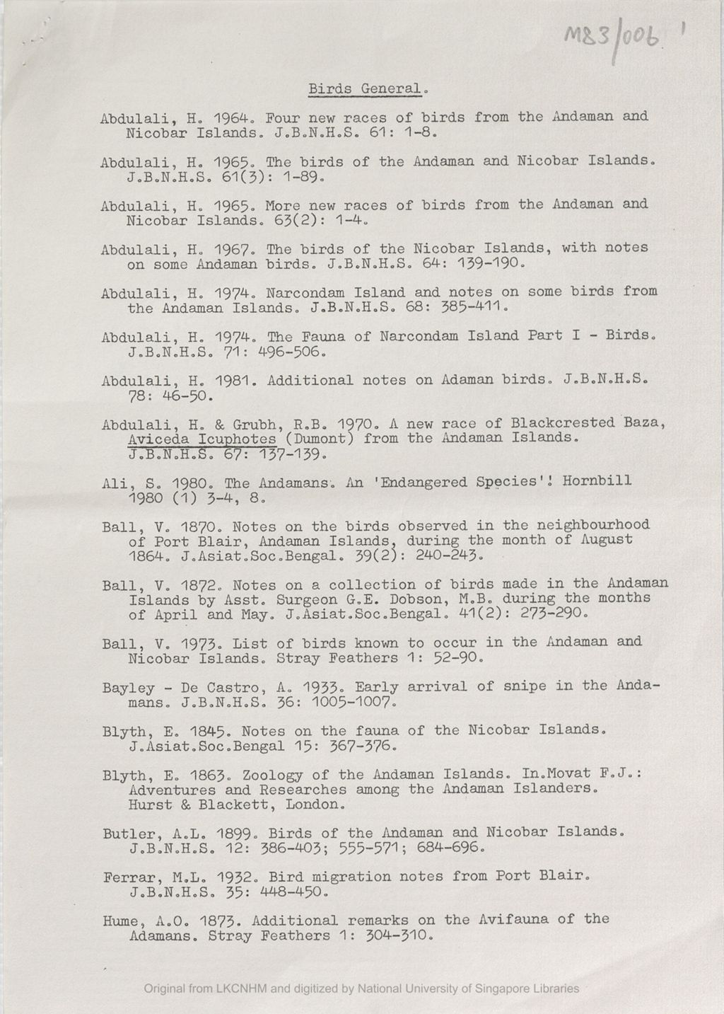 Miniature of Provisional prospectus for a six-month Oxford University zoologial expedition to the Andaman Islands: bibliogarphy on birds in general [re: Letter from Michael Rands to the 5th Earl of Cranbrook dated 1982/01/25]