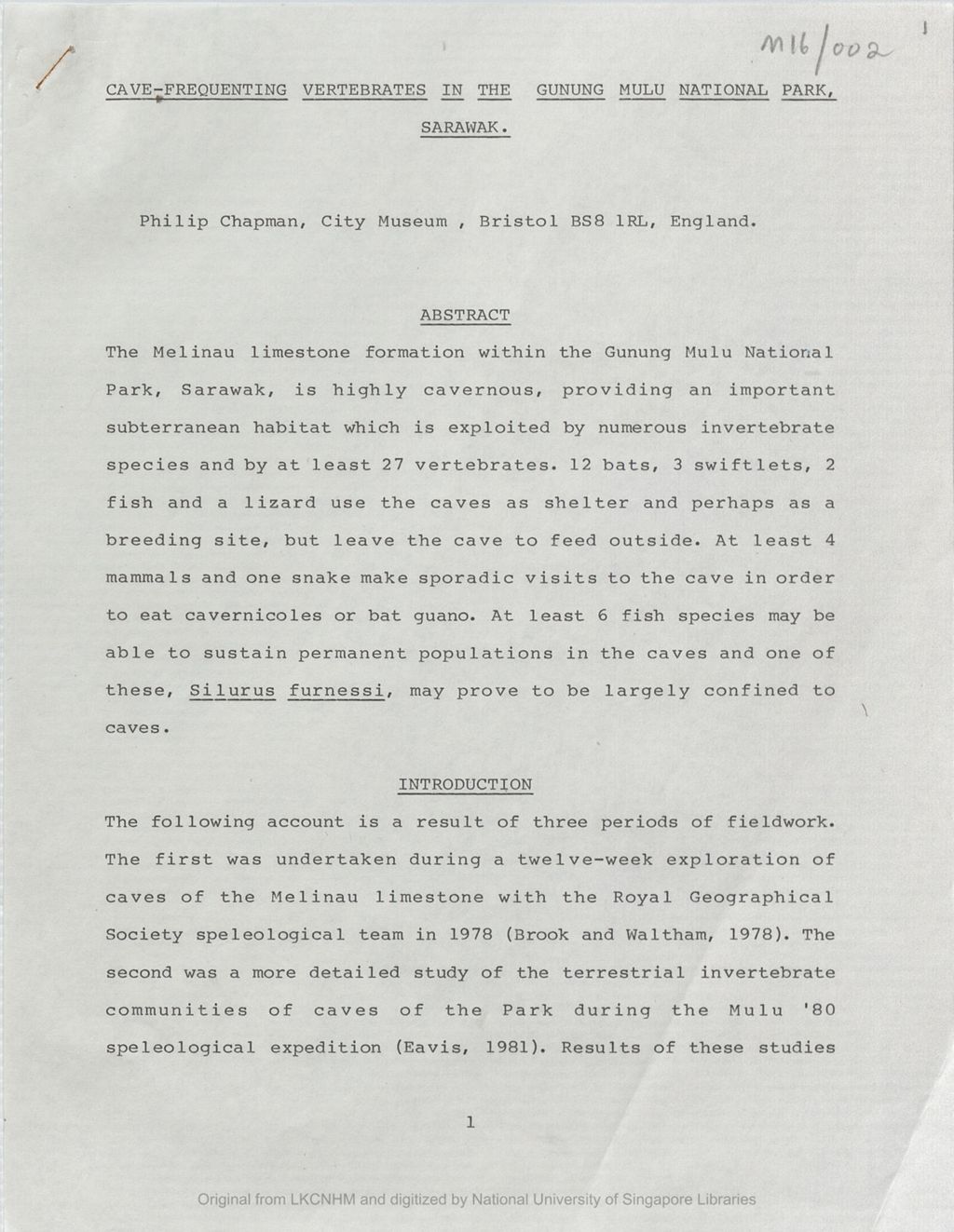 Miniature of Cave-frequenting vertebrates in the Gunung Mulu National Park, Sarawak [attached to letter dated 1984/11/30 from Philip Chapman to the 5th Earl of Cranbrook enclosing his revised draft of his Mulu report on cave-frequenting vertebrates in the Gunung Mulu National Park, Sarawak]