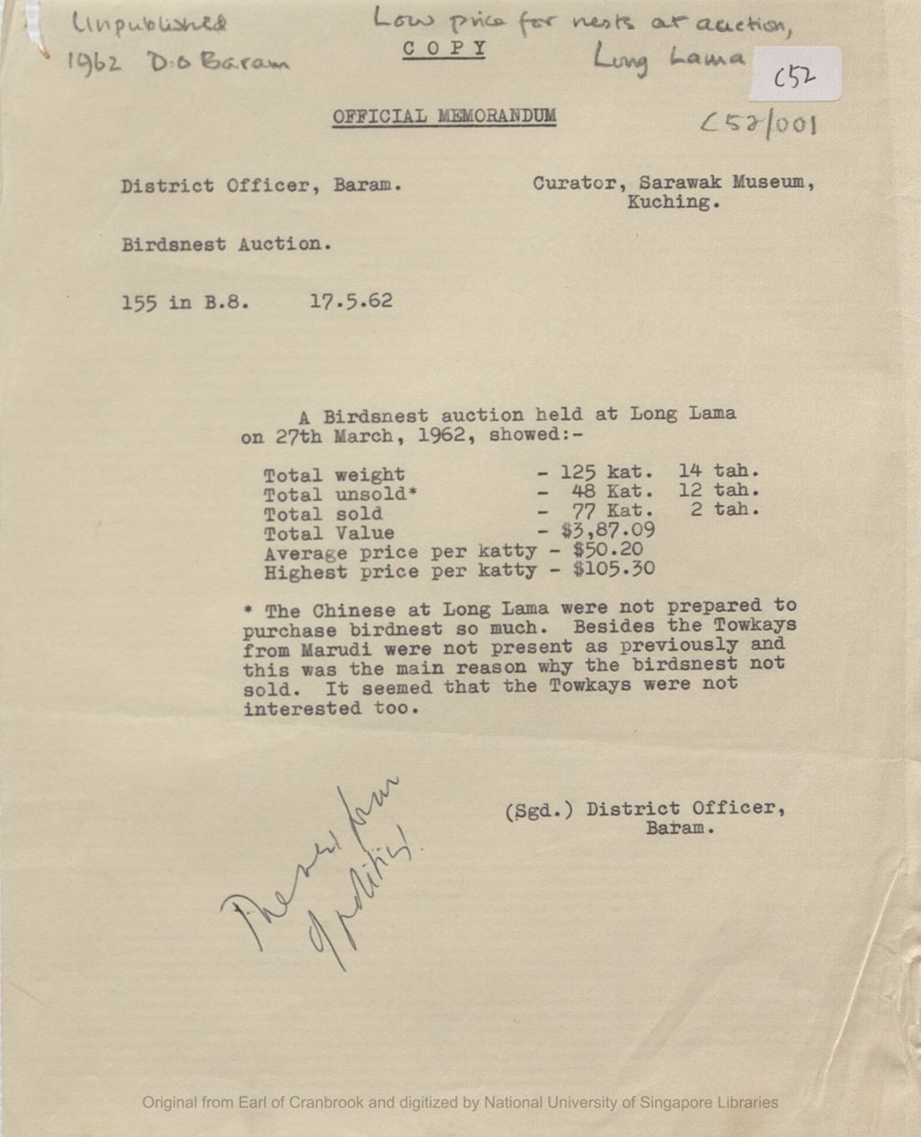 Miniature of Memo from District Officer, Baram to Curator, Sarawak Museum concerning the prices of bird nests at an auction at Long Lama